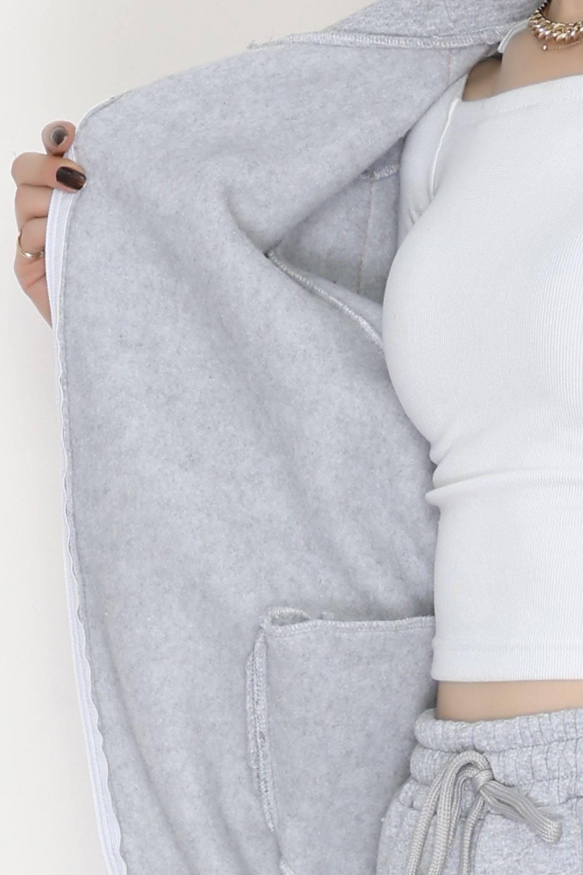 3 İplik Keten Şeritli Eşofman Takım Gri - 40017.1857.