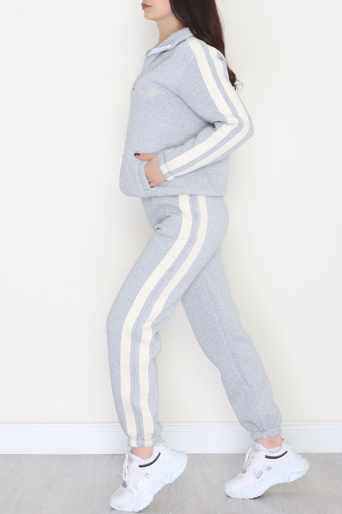 3 İplik Keten Şeritli Eşofman Takım Gri - 40017.1857.