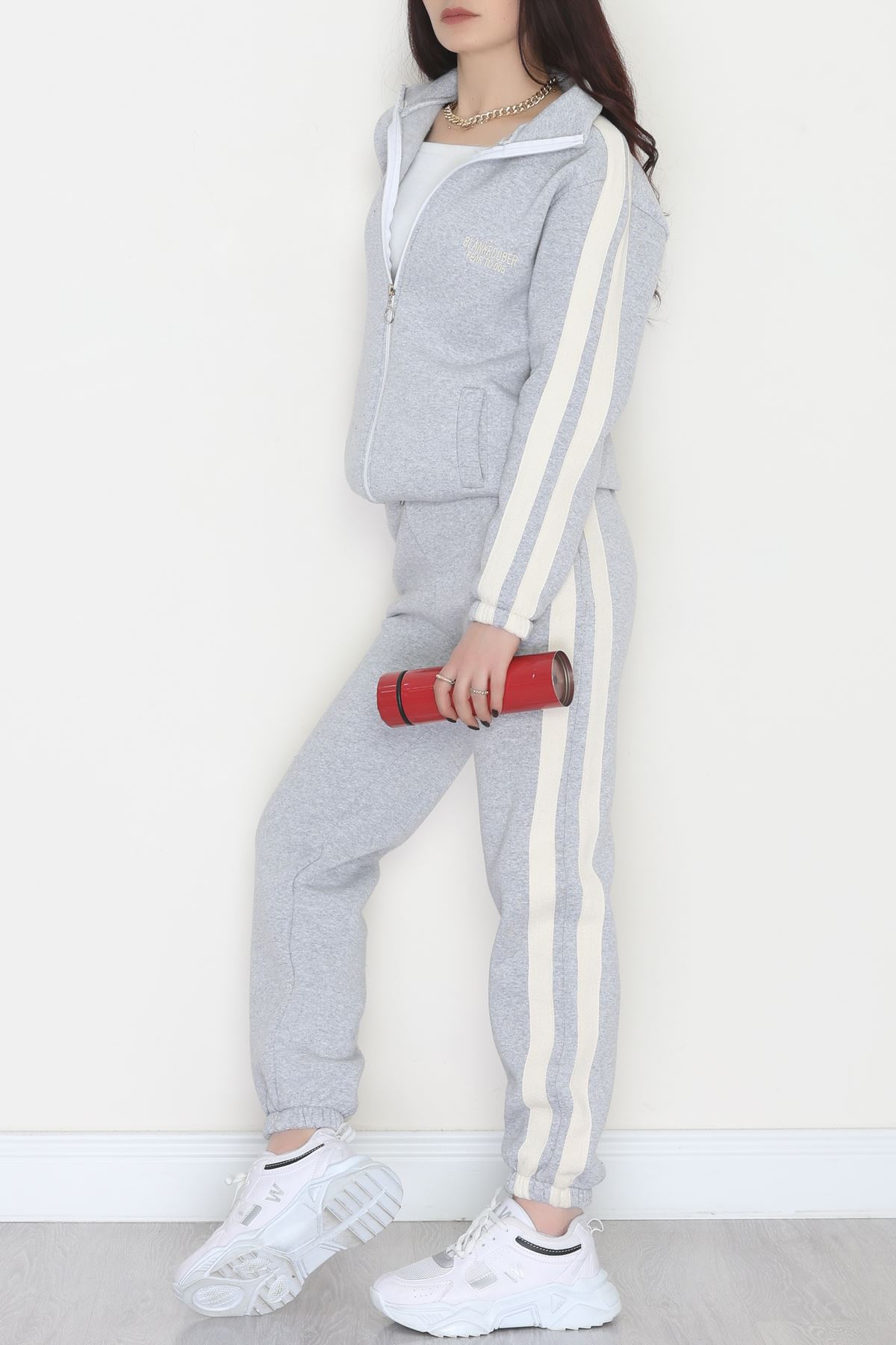 3 İplik Keten Şeritli Eşofman Takım Gri - 40017.1857.