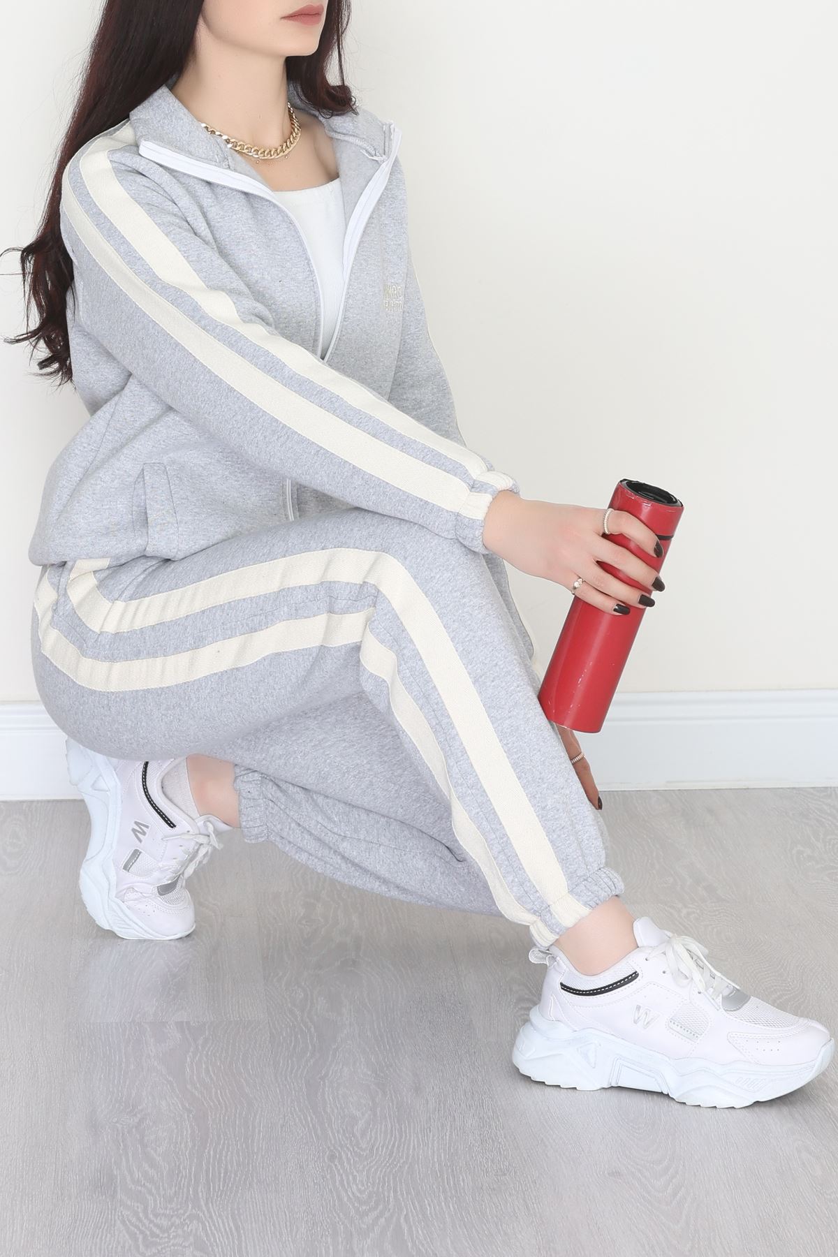 3 İplik Keten Şeritli Eşofman Takım Gri - 40017.1857.