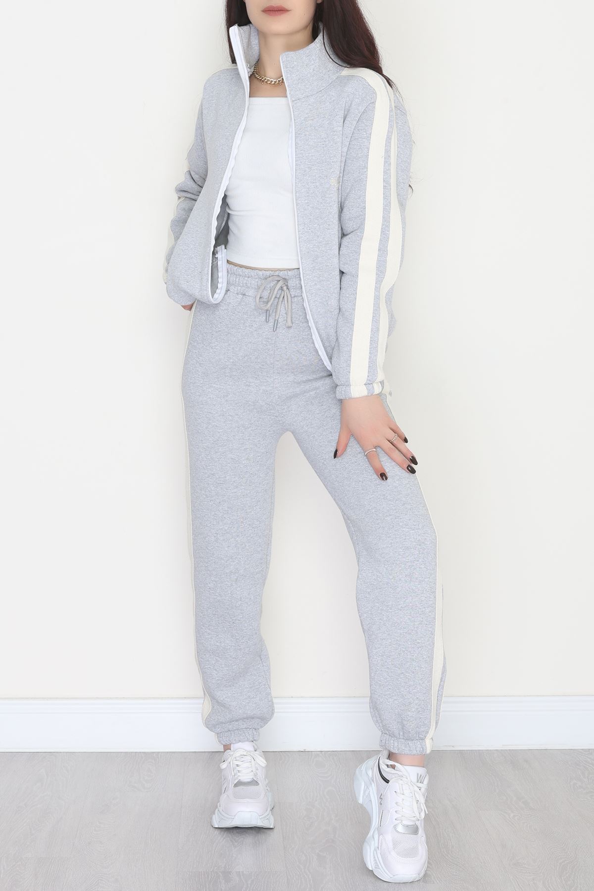 3 İplik Keten Şeritli Eşofman Takım Gri - 40017.1857.