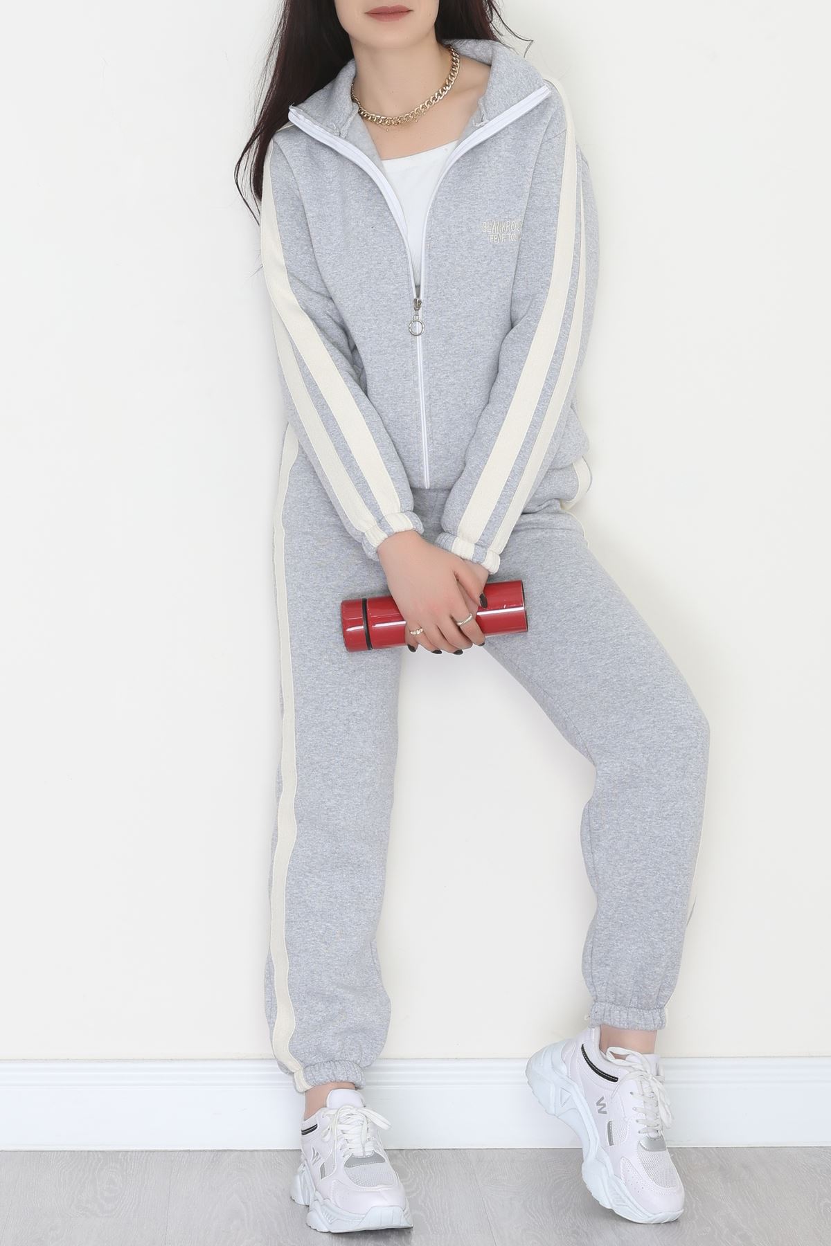 3 İplik Keten Şeritli Eşofman Takım Gri - 40017.1857.