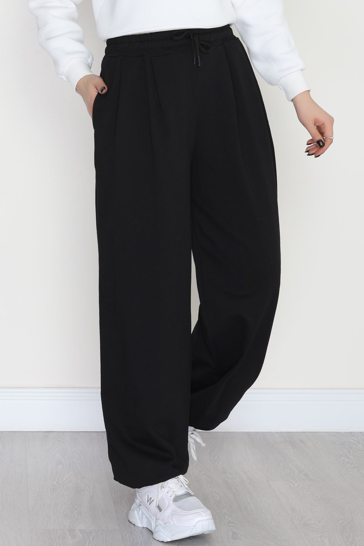 Paça Lastikli 2 İplik Pileli Eşofman Altı Siyah - 52008.1857.