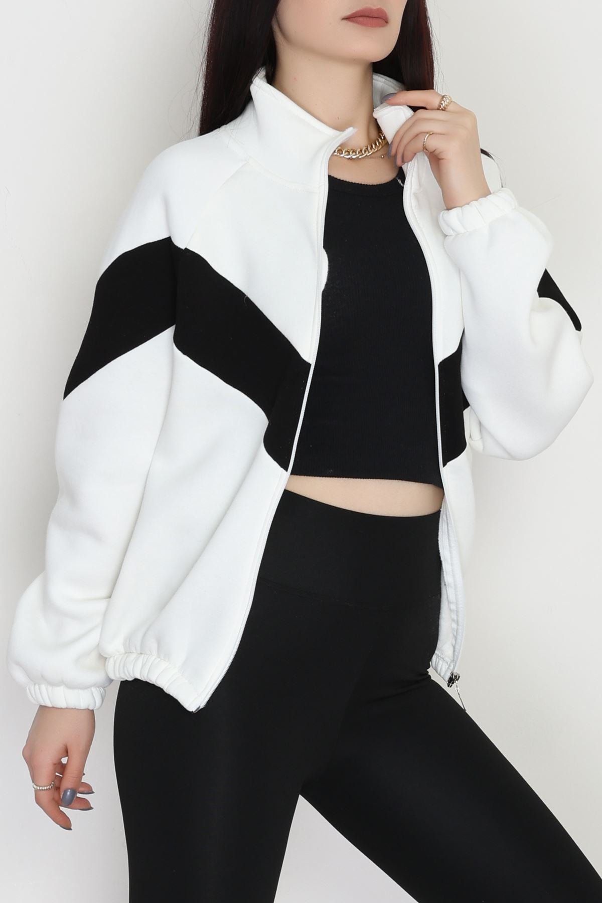 3 İplik Oversize Fermuarlı Sweat Ekrusiyah - 42504.1878.