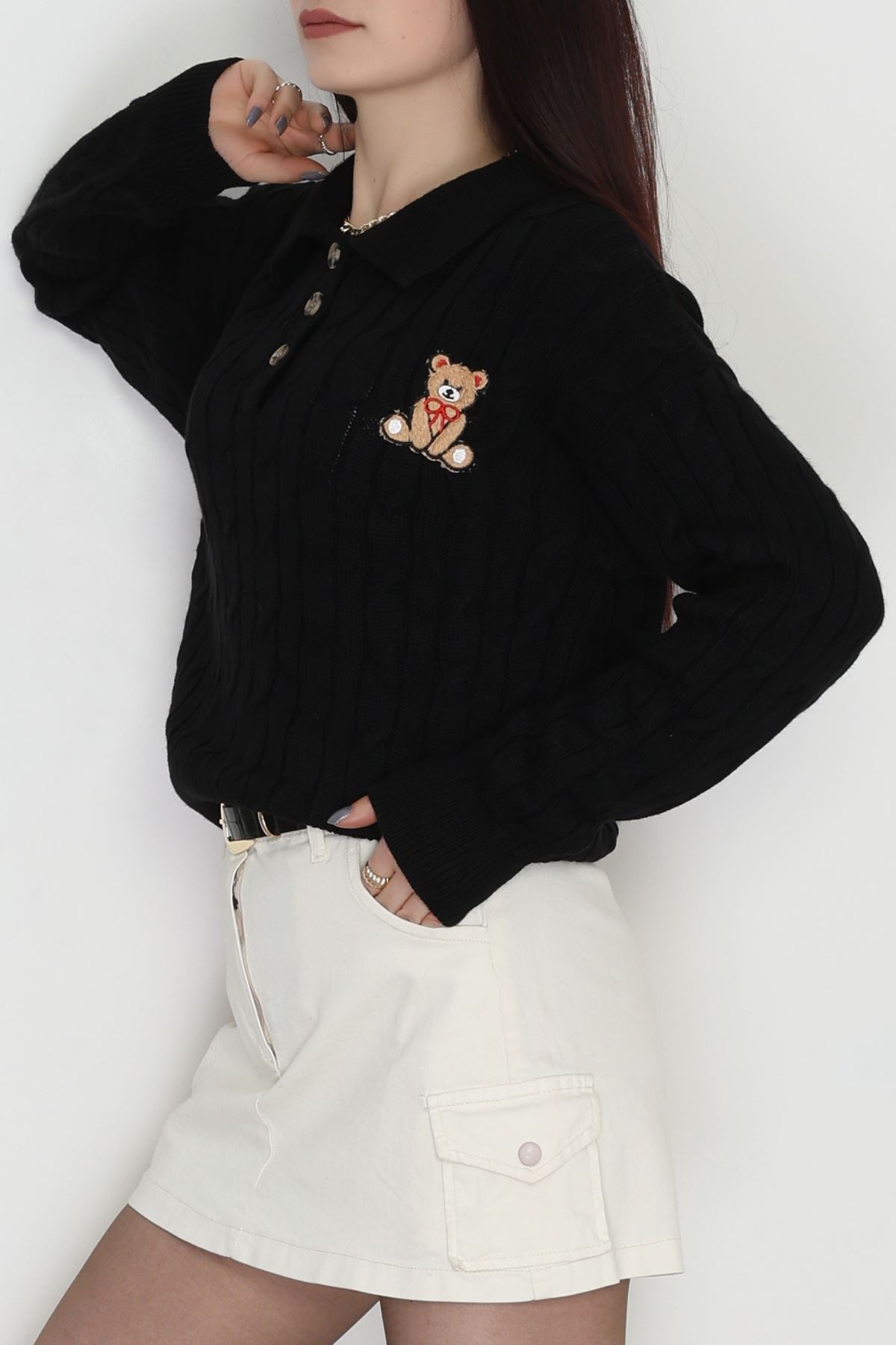 Saç Örgü Nakışlı Triko Kazak Siyah - 2162.1247.