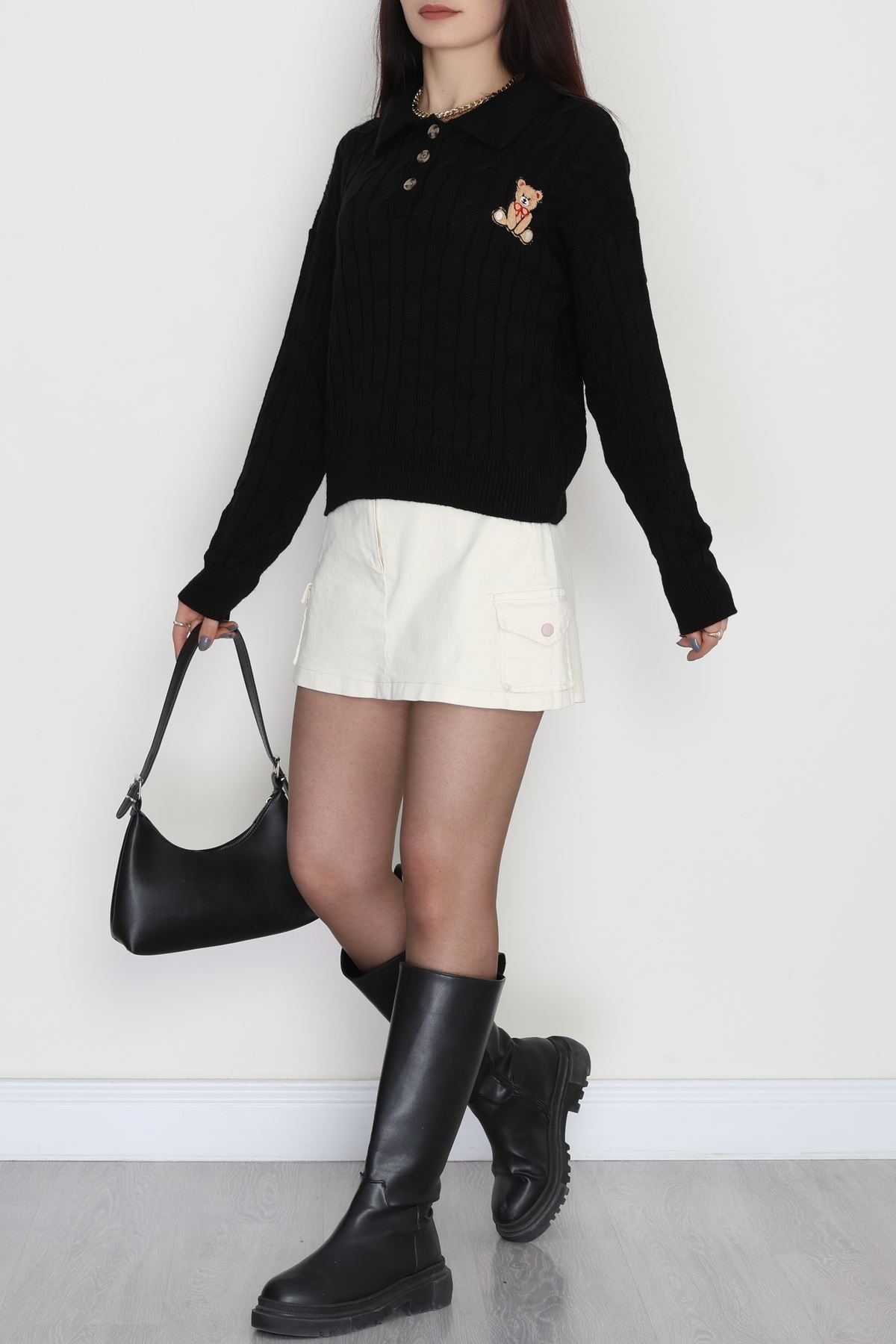 Saç Örgü Nakışlı Triko Kazak Siyah - 2162.1247.