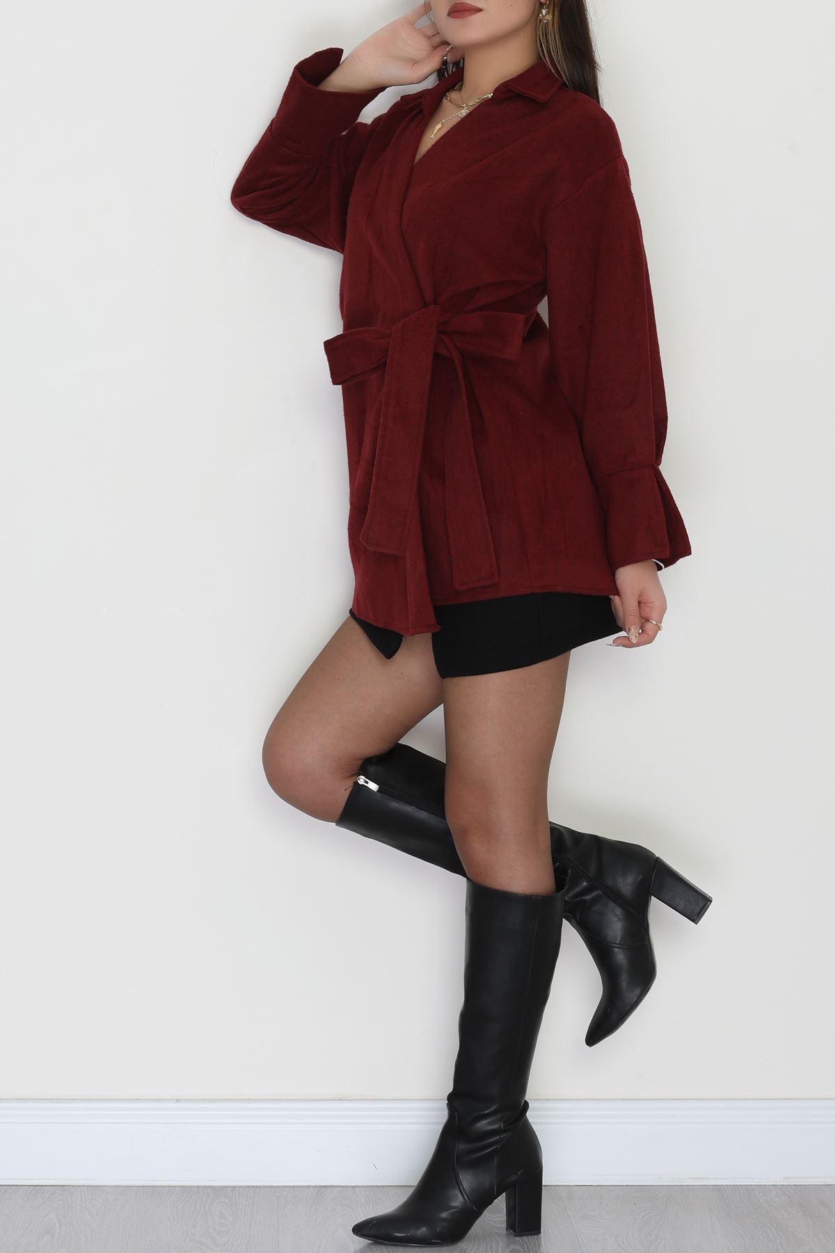 Bağlamalı Kruvaze Yaka Kaşe Ceket Bordo1 - 70993.1775.