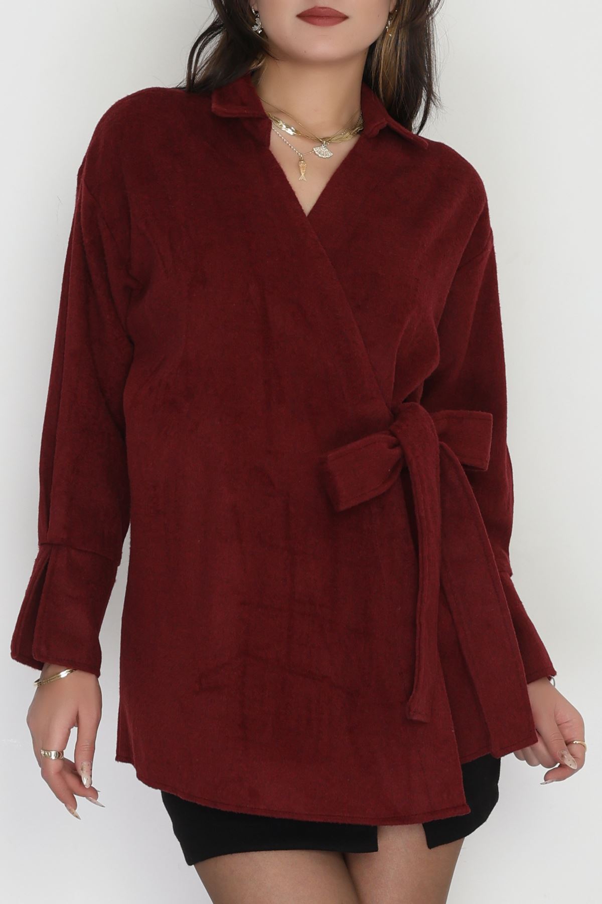 Bağlamalı Kruvaze Yaka Kaşe Ceket Bordo1 - 70993.1775.