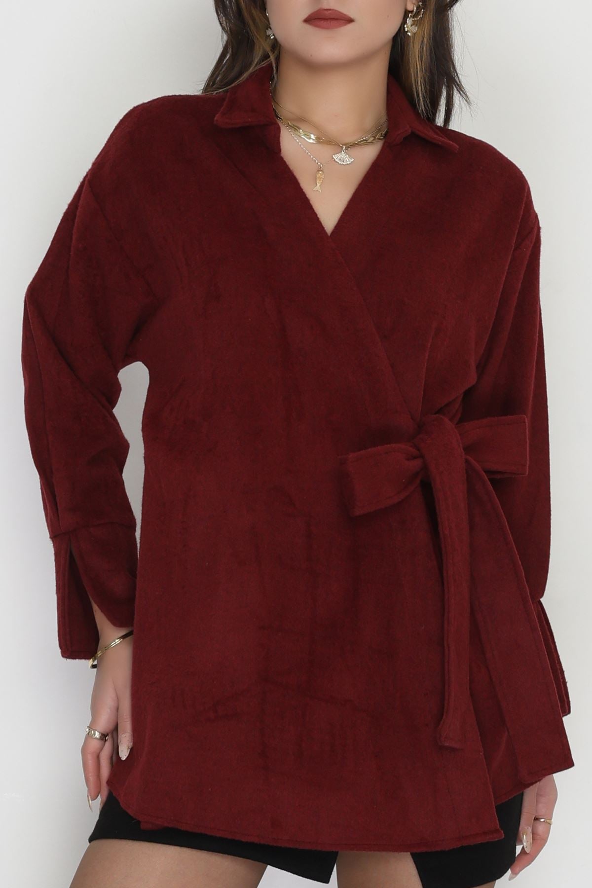 Bağlamalı Kruvaze Yaka Kaşe Ceket Bordo1 - 70993.1775.