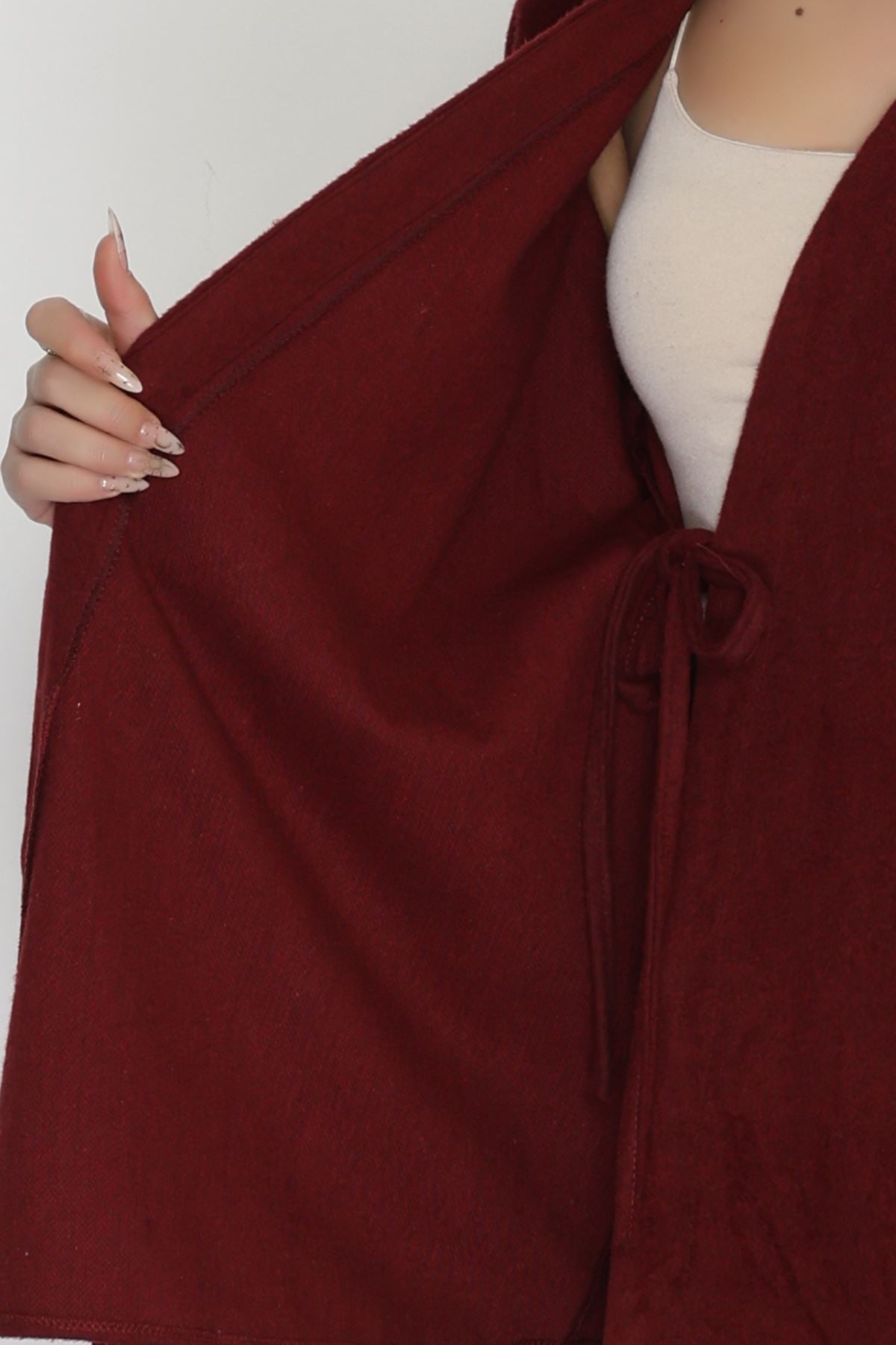 Bağlamalı Kruvaze Yaka Kaşe Ceket Bordo1 - 70993.1775.