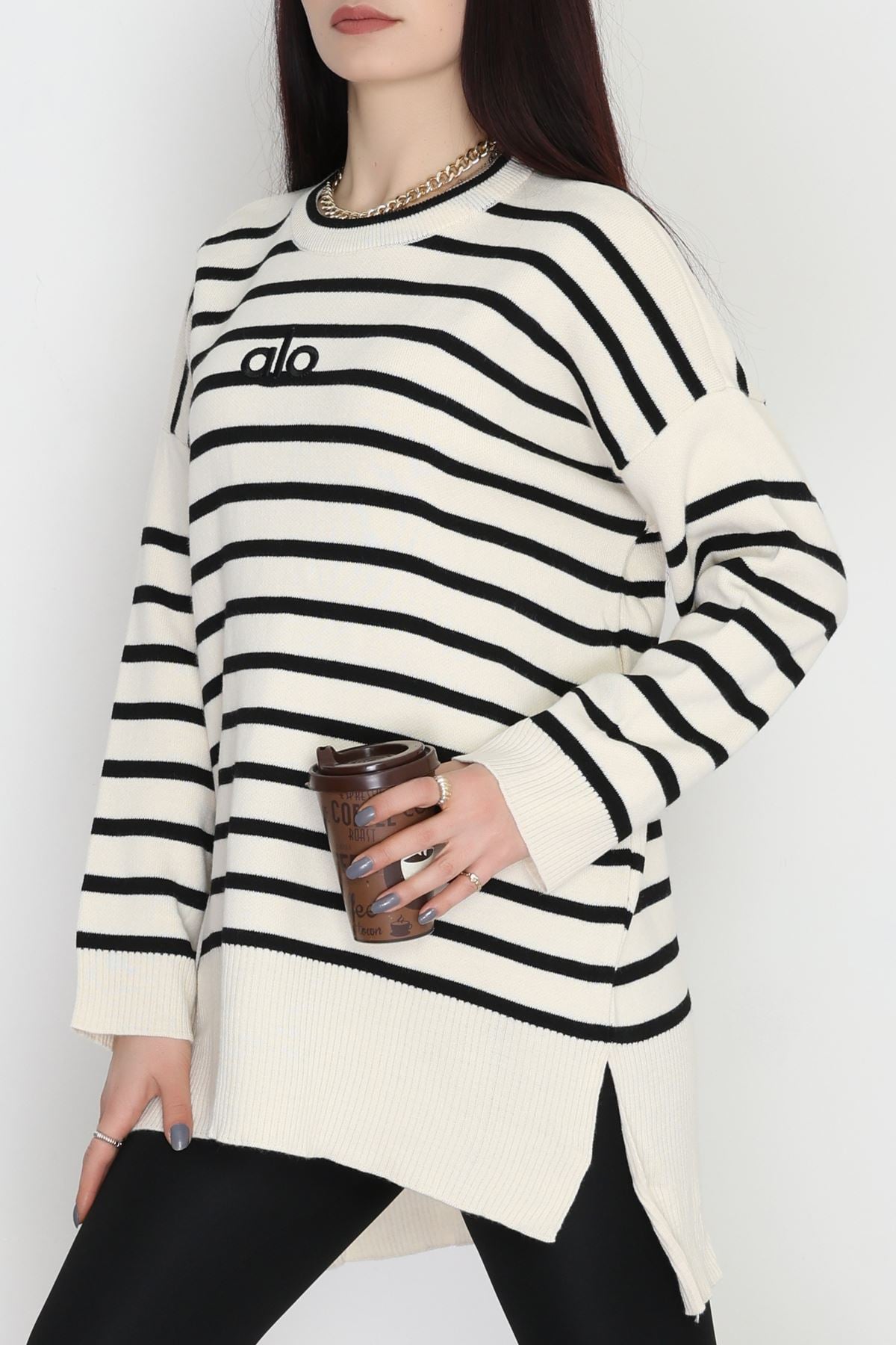 Çizgili Nakışlı Triko Tunik Bej - 4041.1247.