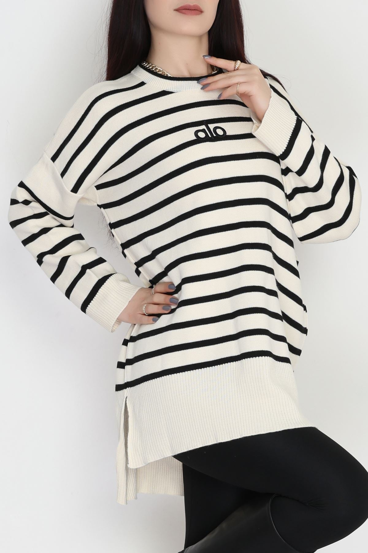 Çizgili Nakışlı Triko Tunik Bej - 4041.1247.