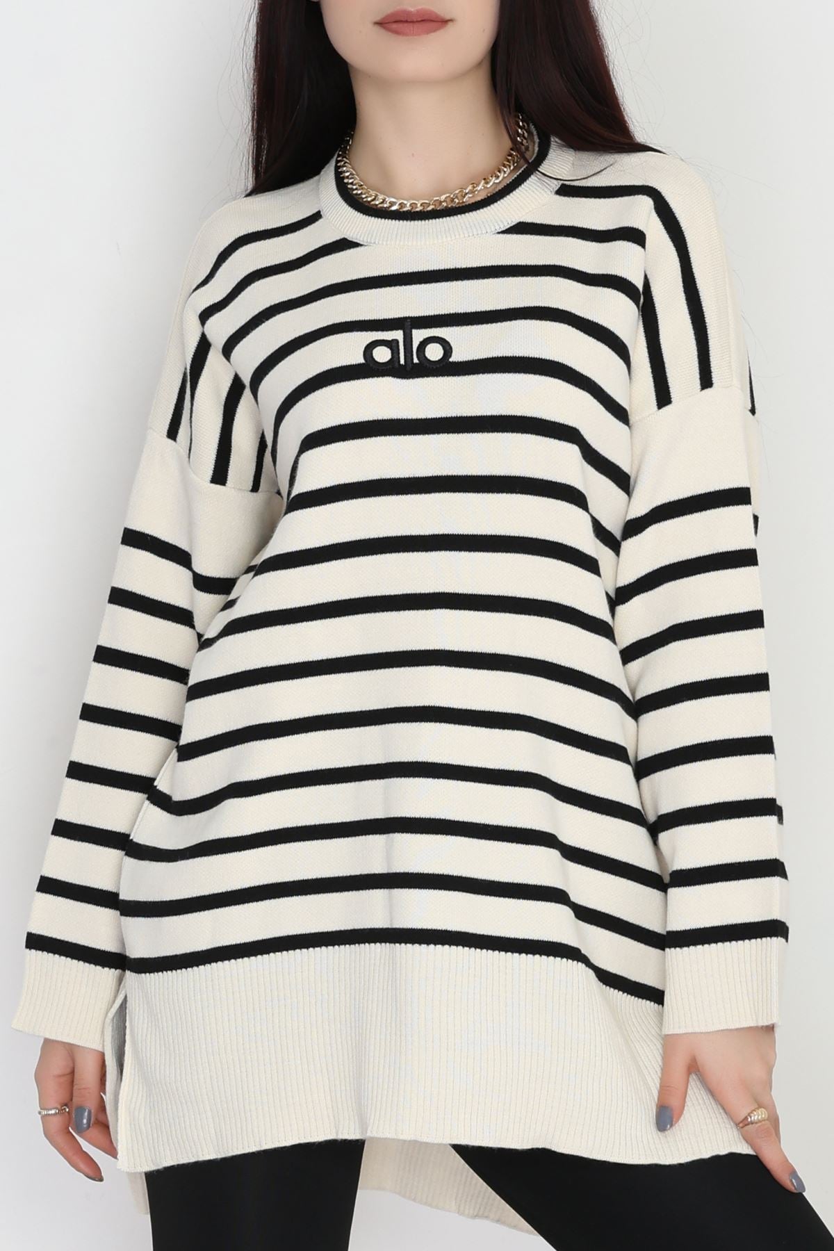 Çizgili Nakışlı Triko Tunik Bej - 4041.1247.