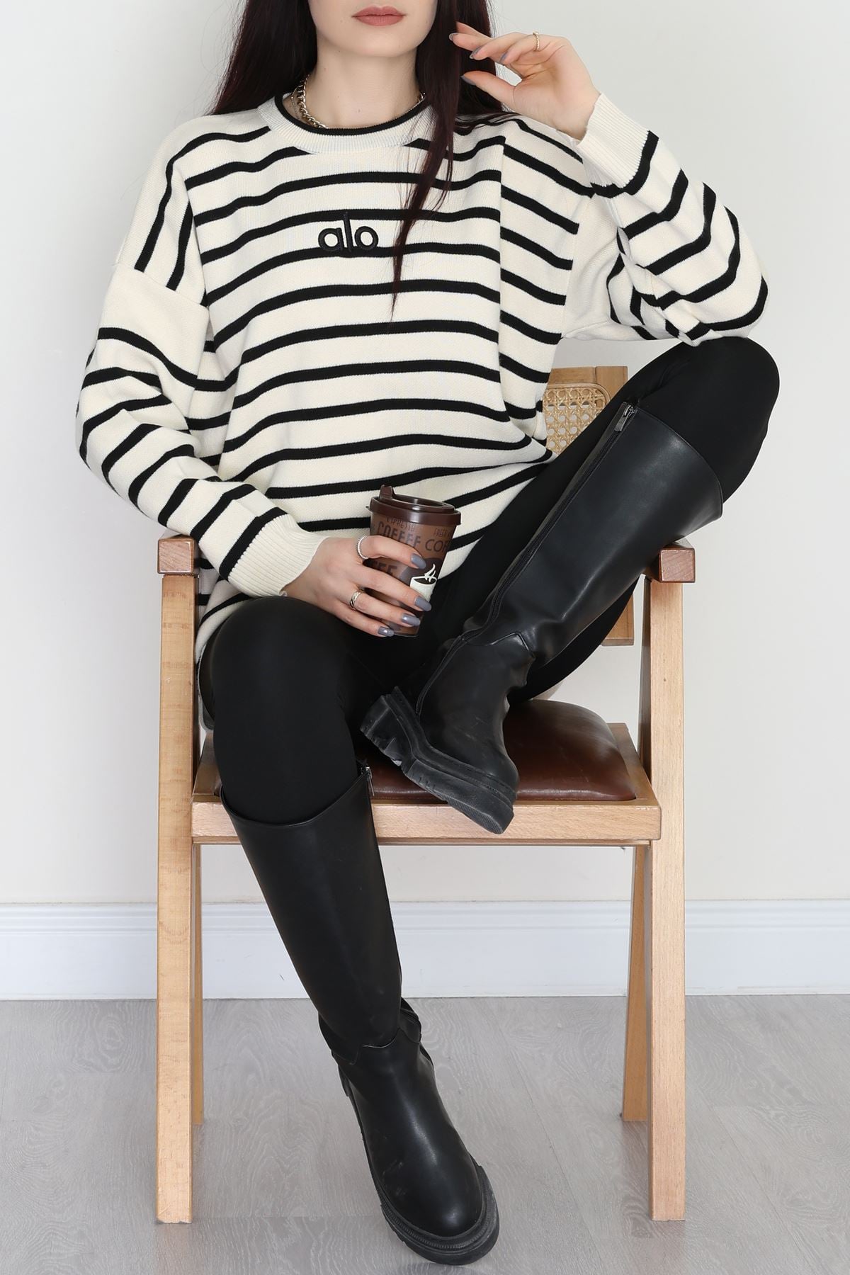 Çizgili Nakışlı Triko Tunik Bej - 4041.1247.