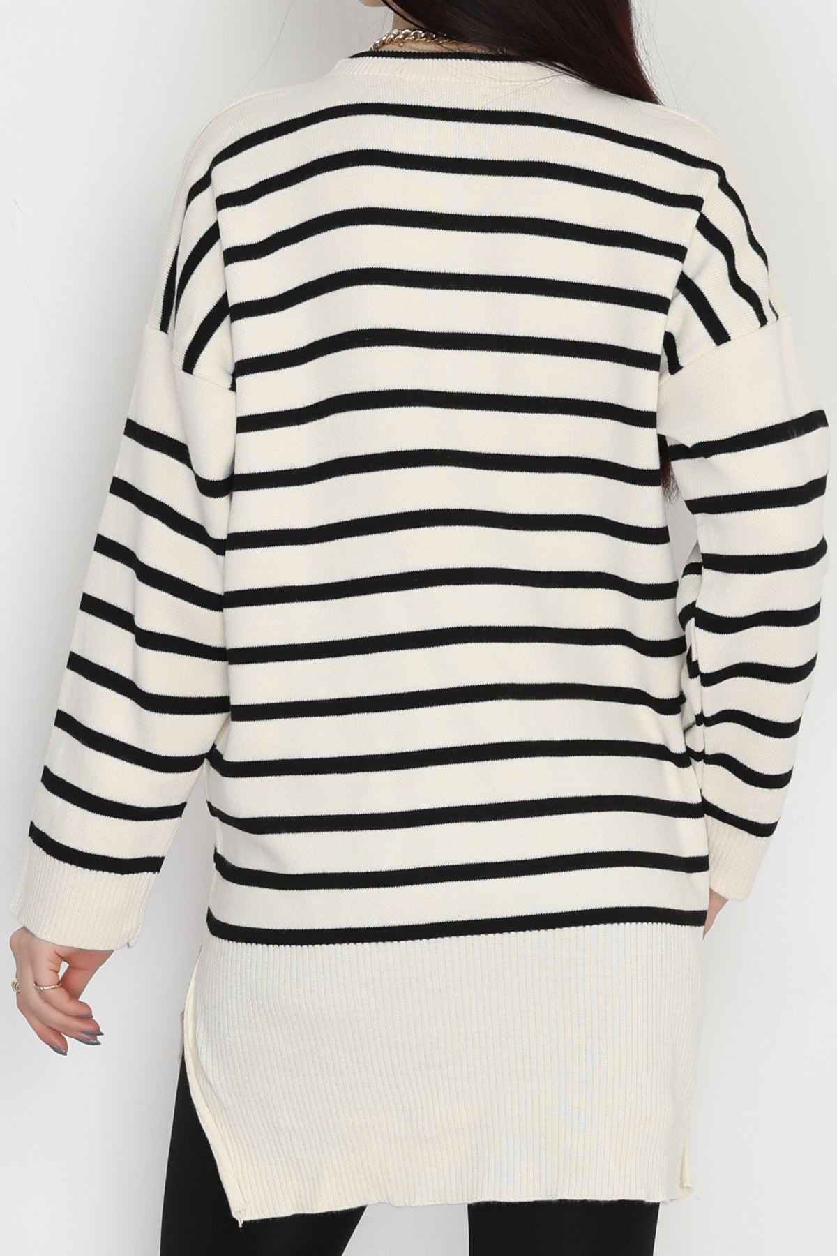 Çizgili Nakışlı Triko Tunik Bej - 4041.1247.