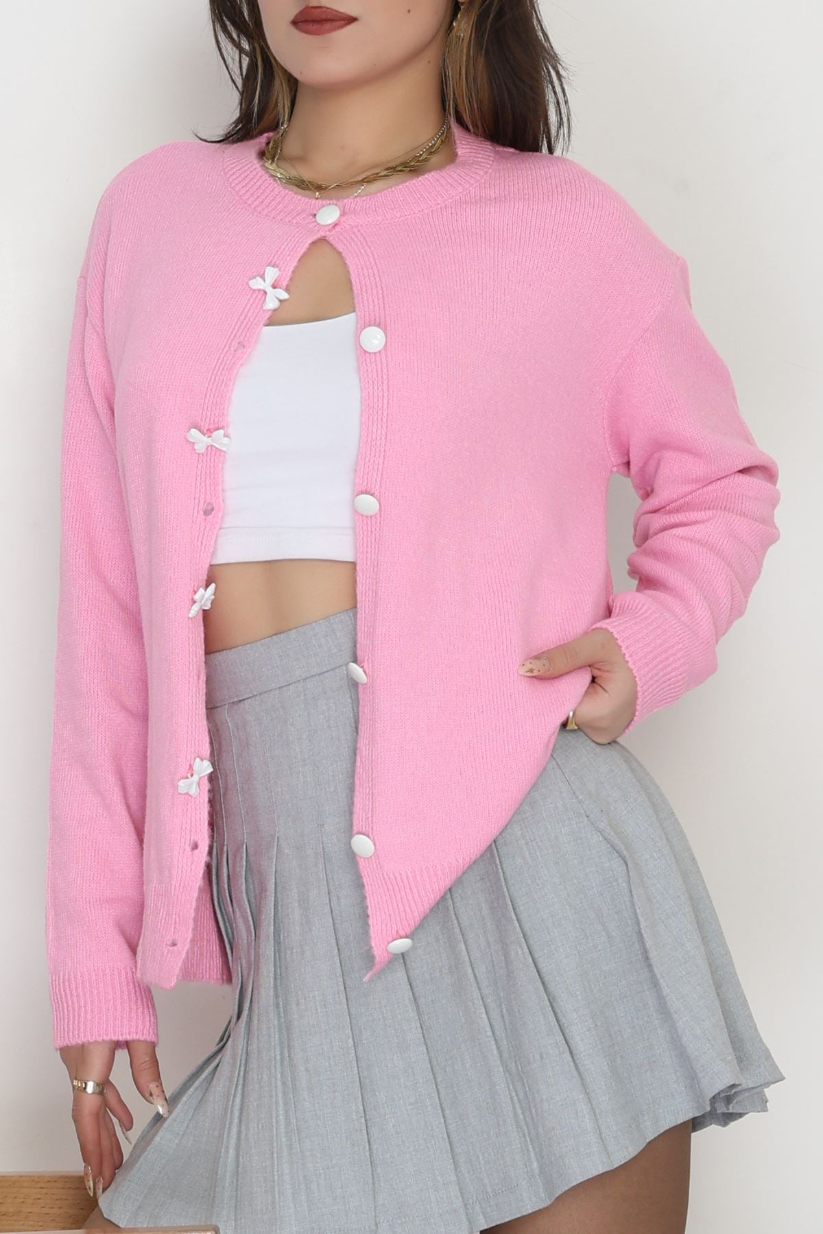 Fiyonk Detay Triko Hırka Pembe - 2396.1247.