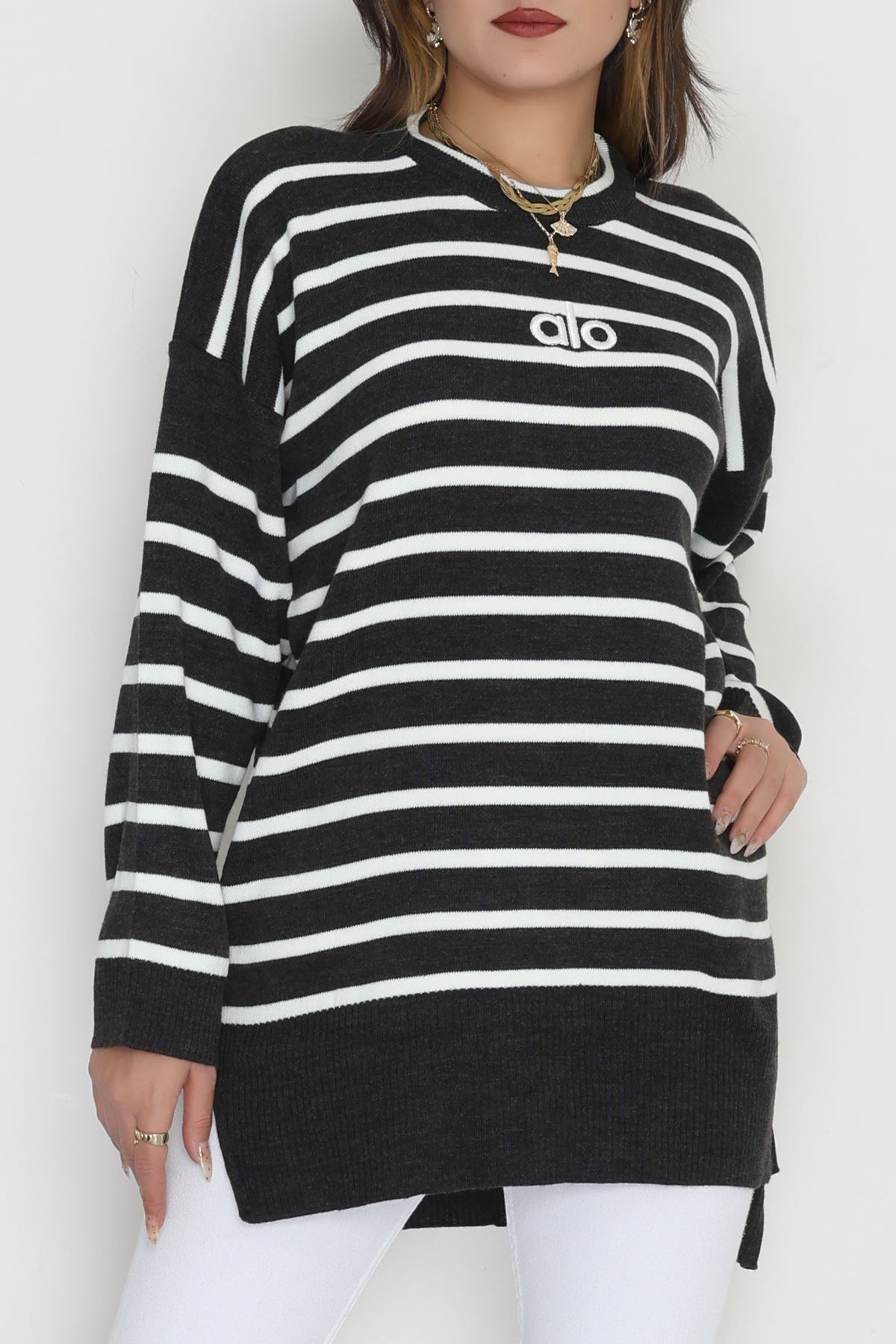 Çizgili Nakışlı Triko Tunik Antrasit - 4041.1247.