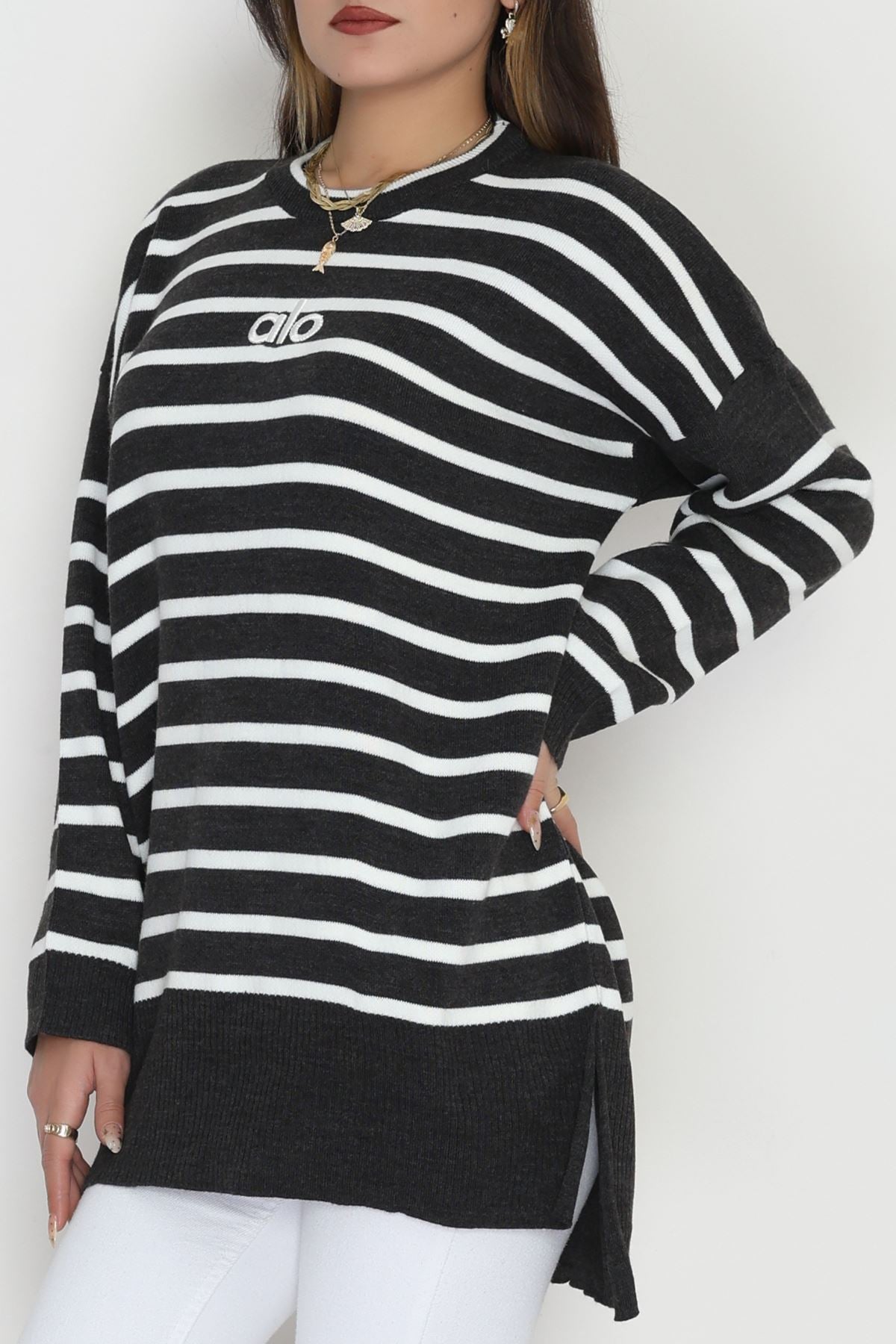 Çizgili Nakışlı Triko Tunik Antrasit - 4041.1247.