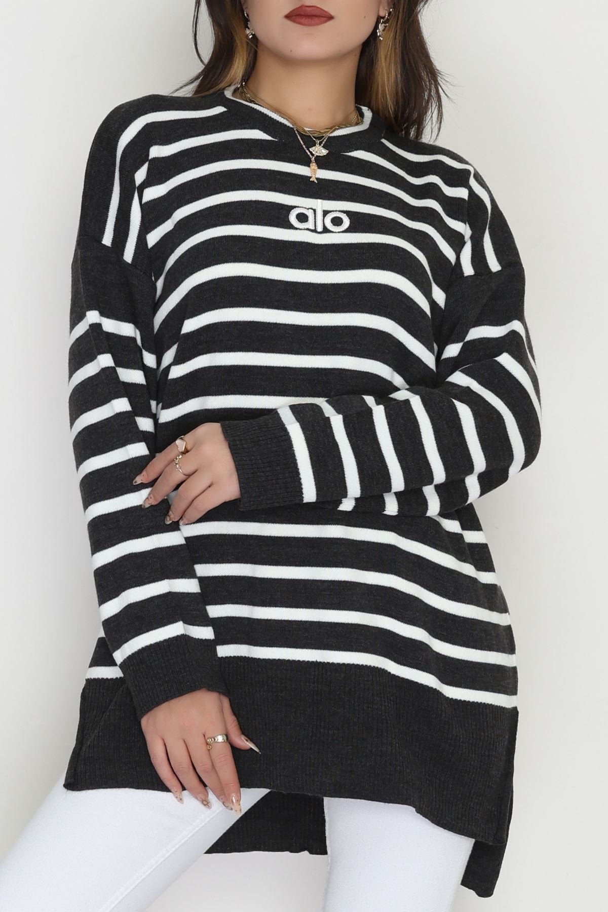 Çizgili Nakışlı Triko Tunik Antrasit - 4041.1247.