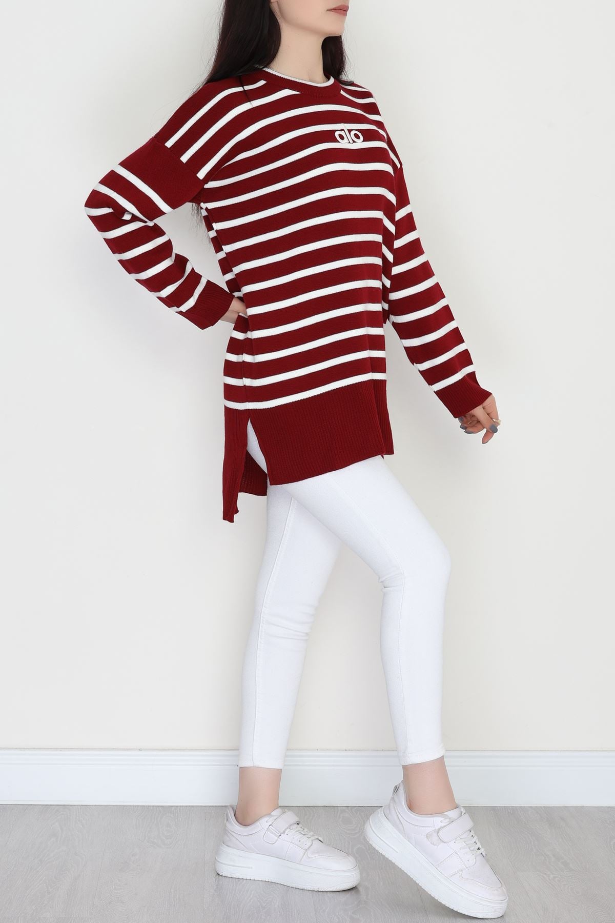 Çizgili Nakışlı Triko Tunik Bordo - 4041.1247.