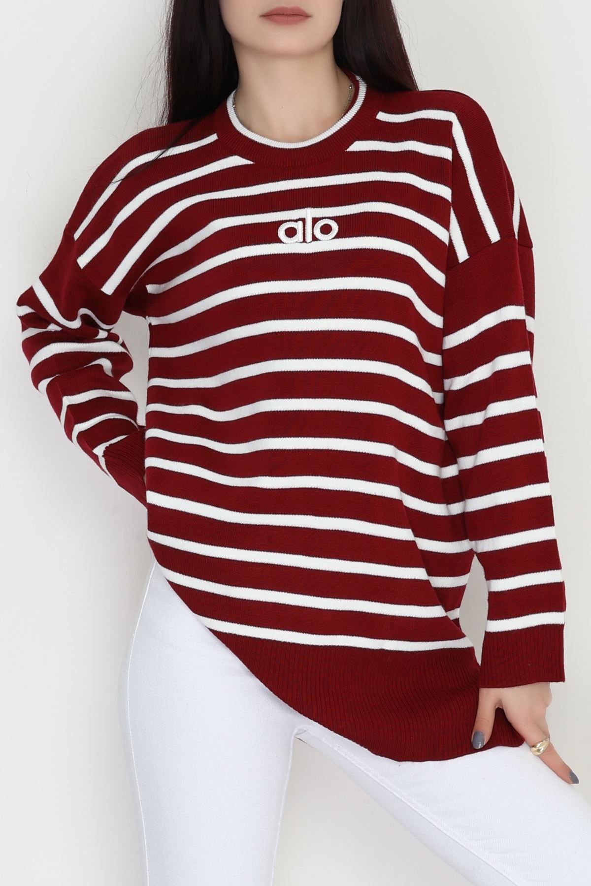 Çizgili Nakışlı Triko Tunik Bordo - 4041.1247.