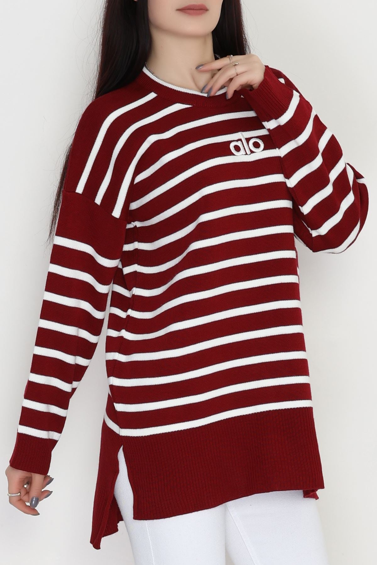 Çizgili Nakışlı Triko Tunik Bordo - 4041.1247.