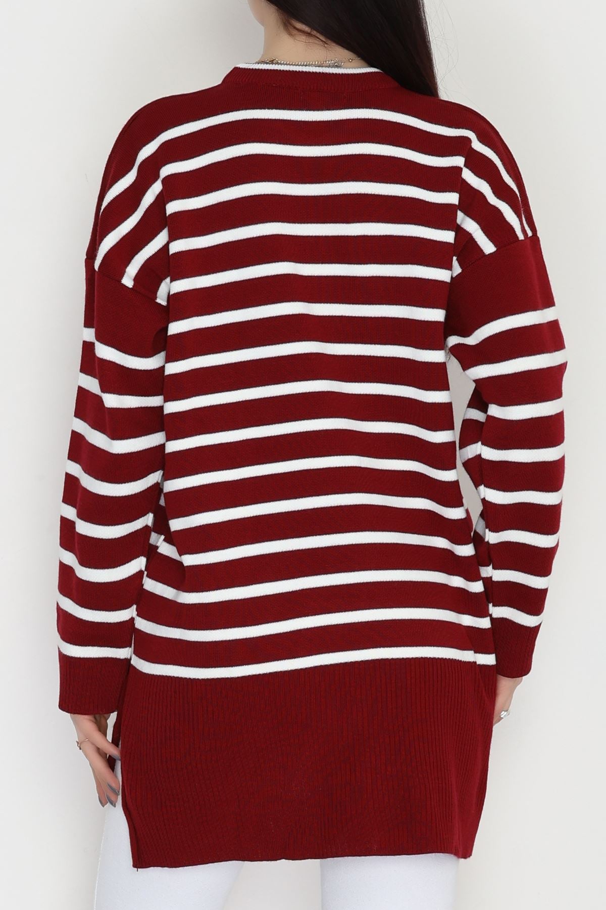 Çizgili Nakışlı Triko Tunik Bordo - 4041.1247.