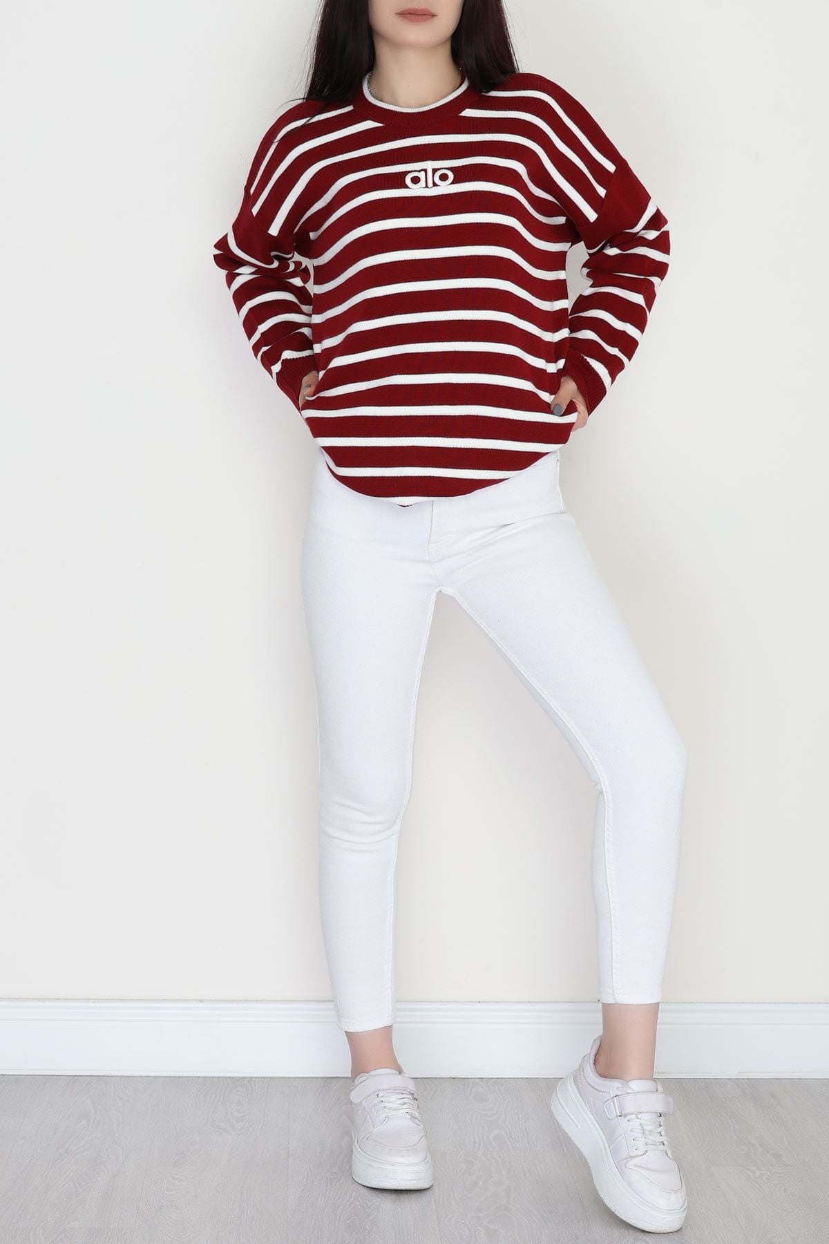 Çizgili Nakışlı Triko Tunik Bordo - 4041.1247.