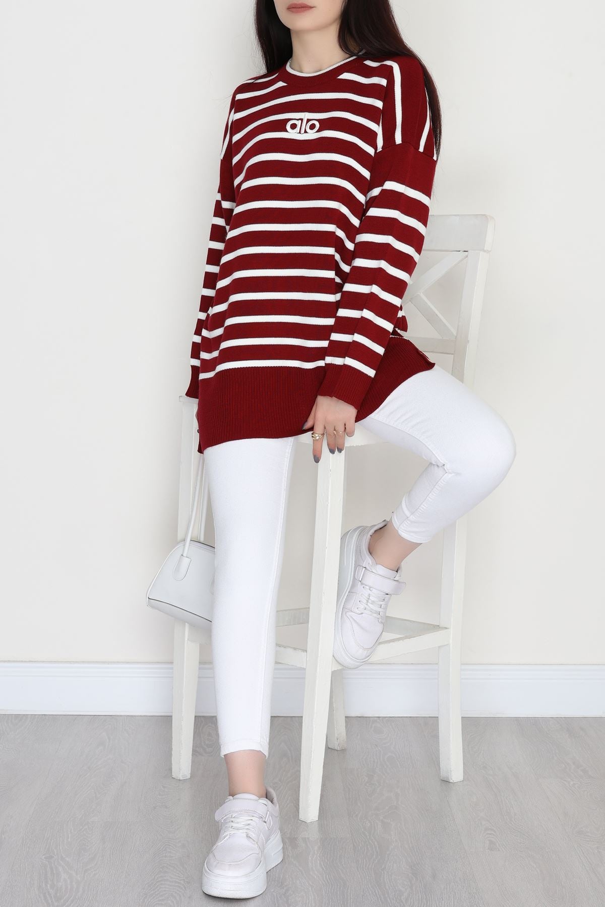 Çizgili Nakışlı Triko Tunik Bordo - 4041.1247.