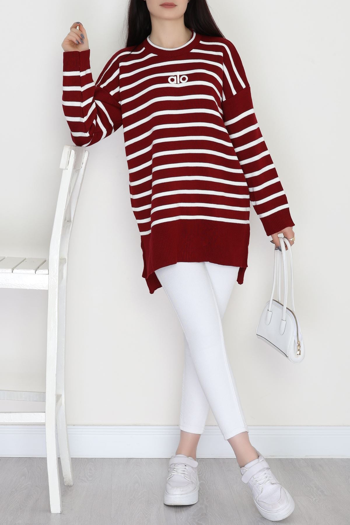 Çizgili Nakışlı Triko Tunik Bordo - 4041.1247.