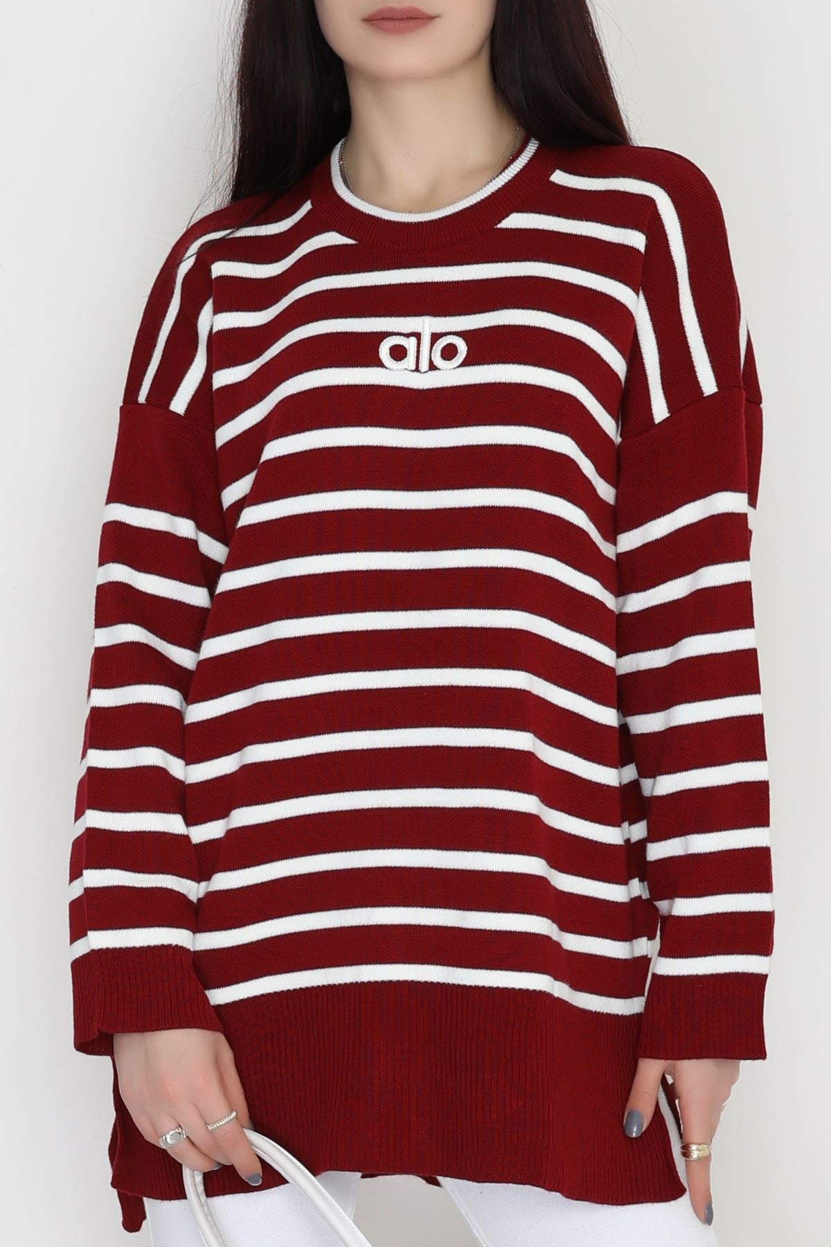 Çizgili Nakışlı Triko Tunik Bordo - 4041.1247.