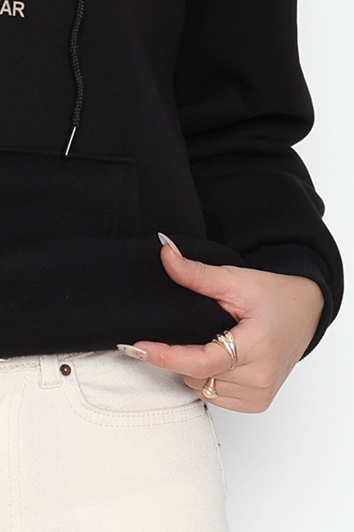 3 İplik Kanguru Cepli Kapşonlu Sweat Siyah - 42254.1878.