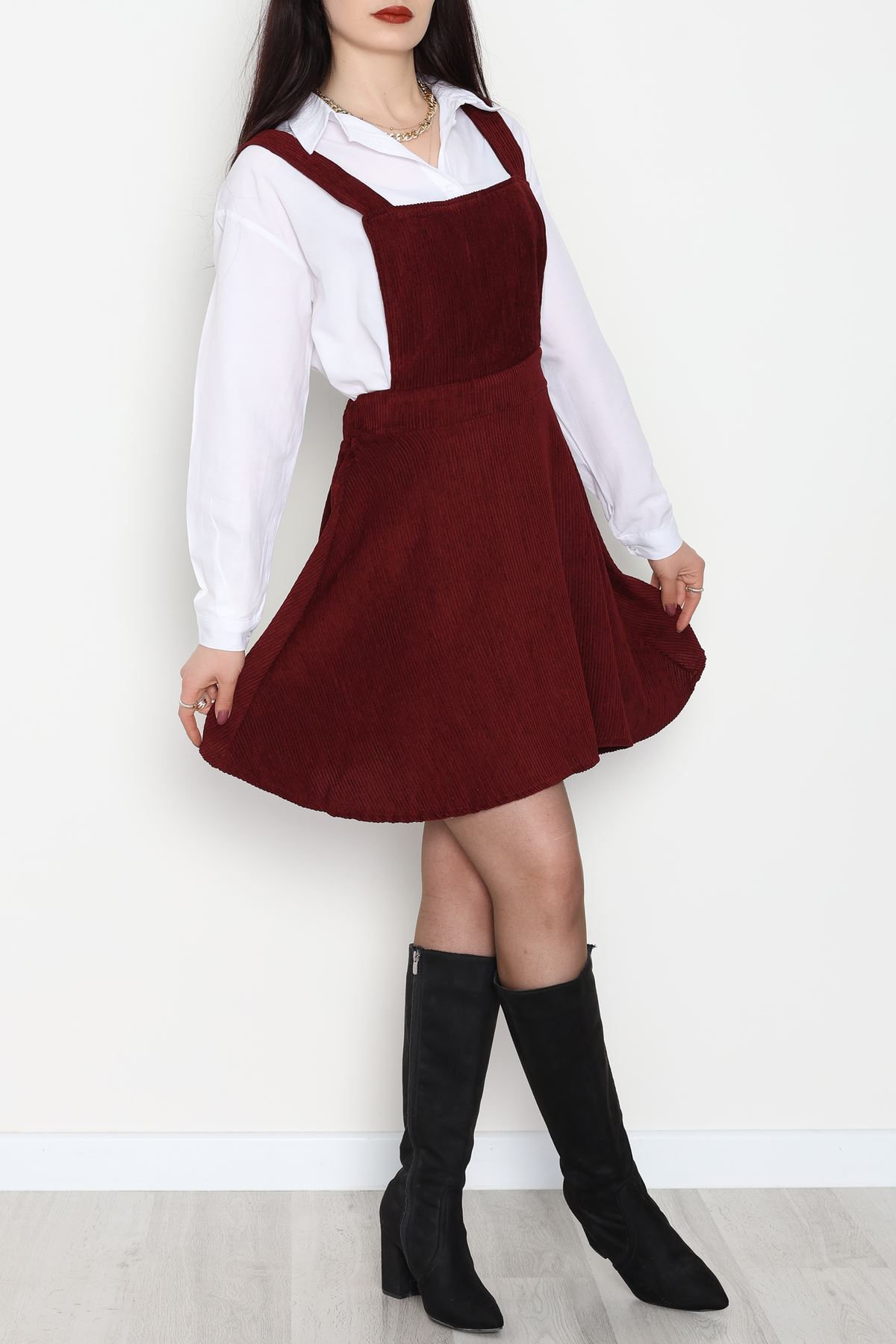 Askılı Sırttan Çapraz Detaylı Kiloş Kadife Elbise Bordo - 42681.1256.
