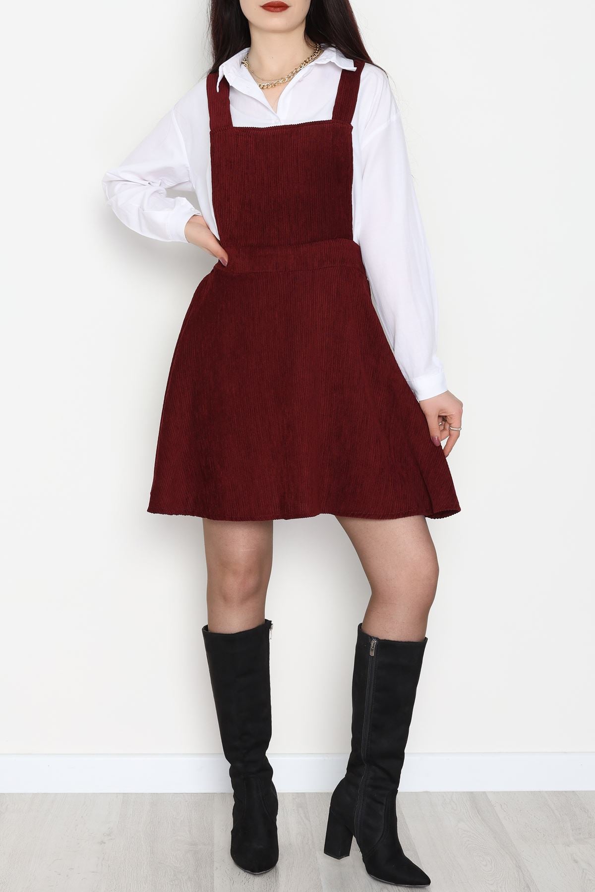 Askılı Sırttan Çapraz Detaylı Kiloş Kadife Elbise Bordo - 42681.1256.