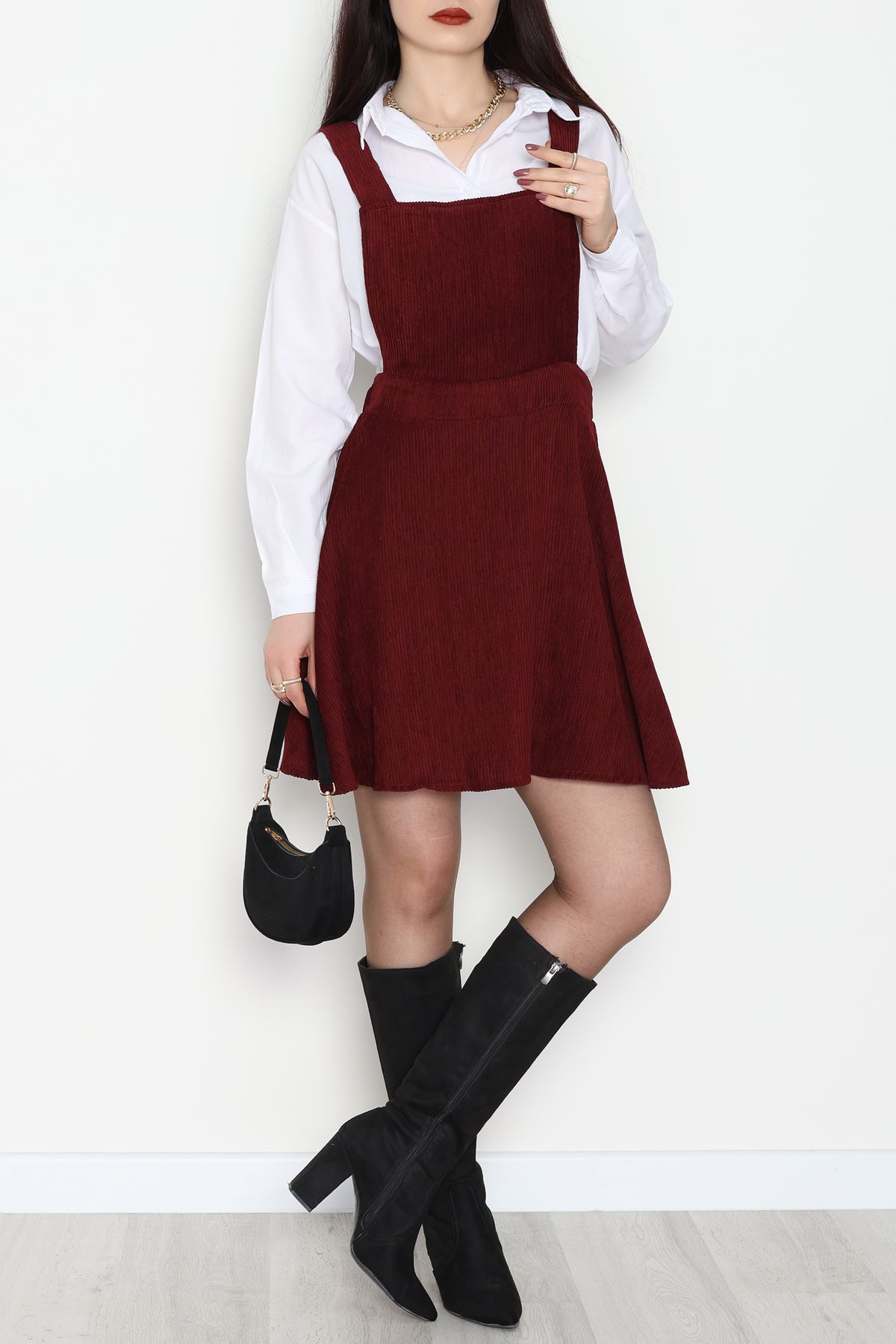 Askılı Sırttan Çapraz Detaylı Kiloş Kadife Elbise Bordo - 42681.1256.