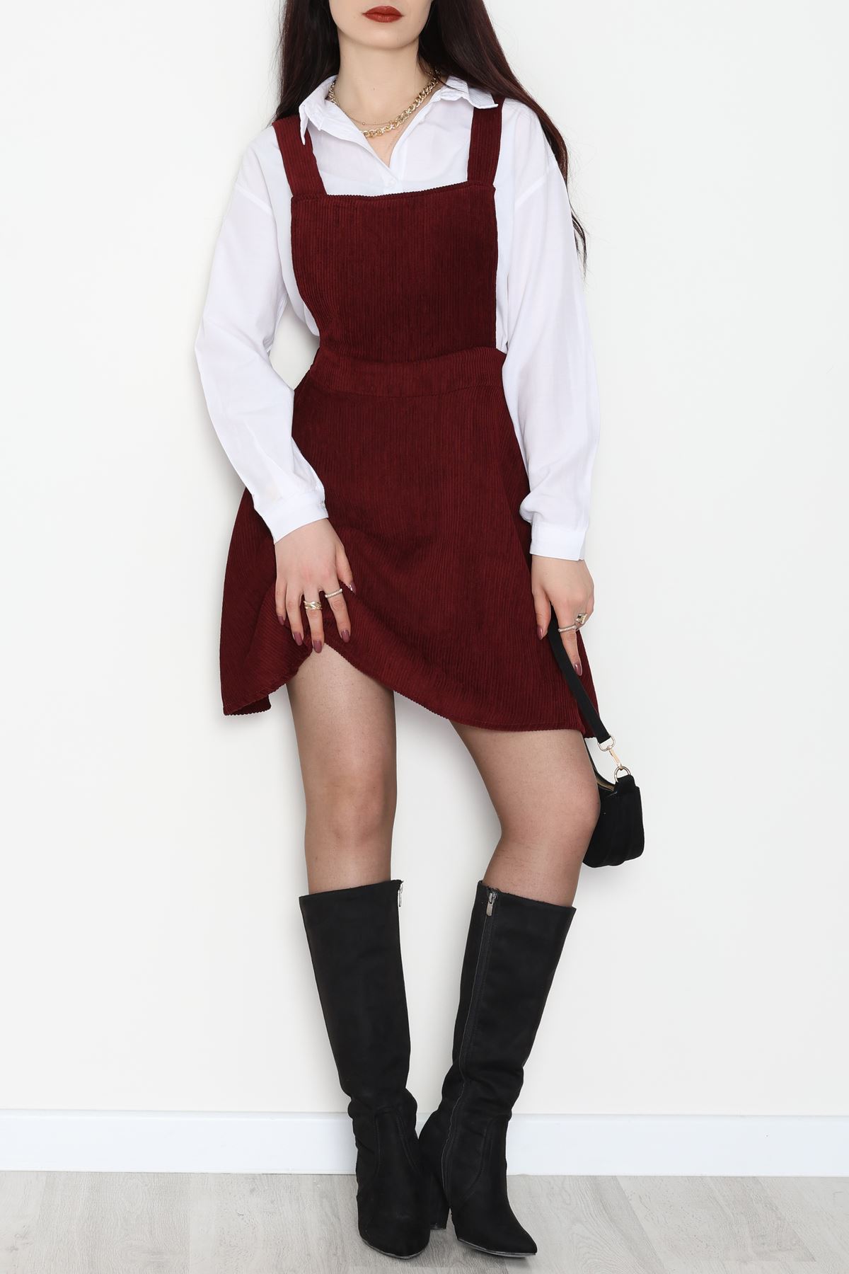 Askılı Sırttan Çapraz Detaylı Kiloş Kadife Elbise Bordo - 42681.1256.