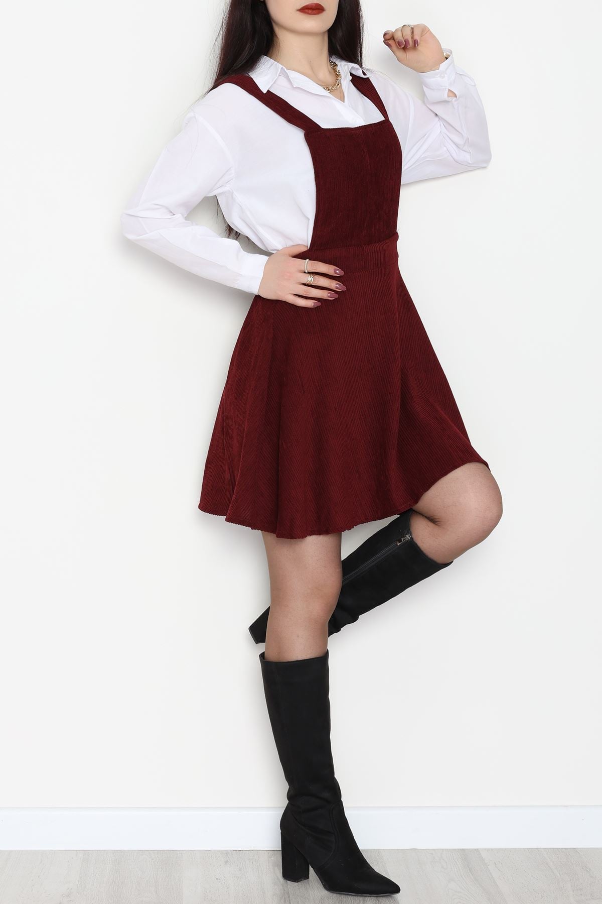 Askılı Sırttan Çapraz Detaylı Kiloş Kadife Elbise Bordo - 42681.1256.