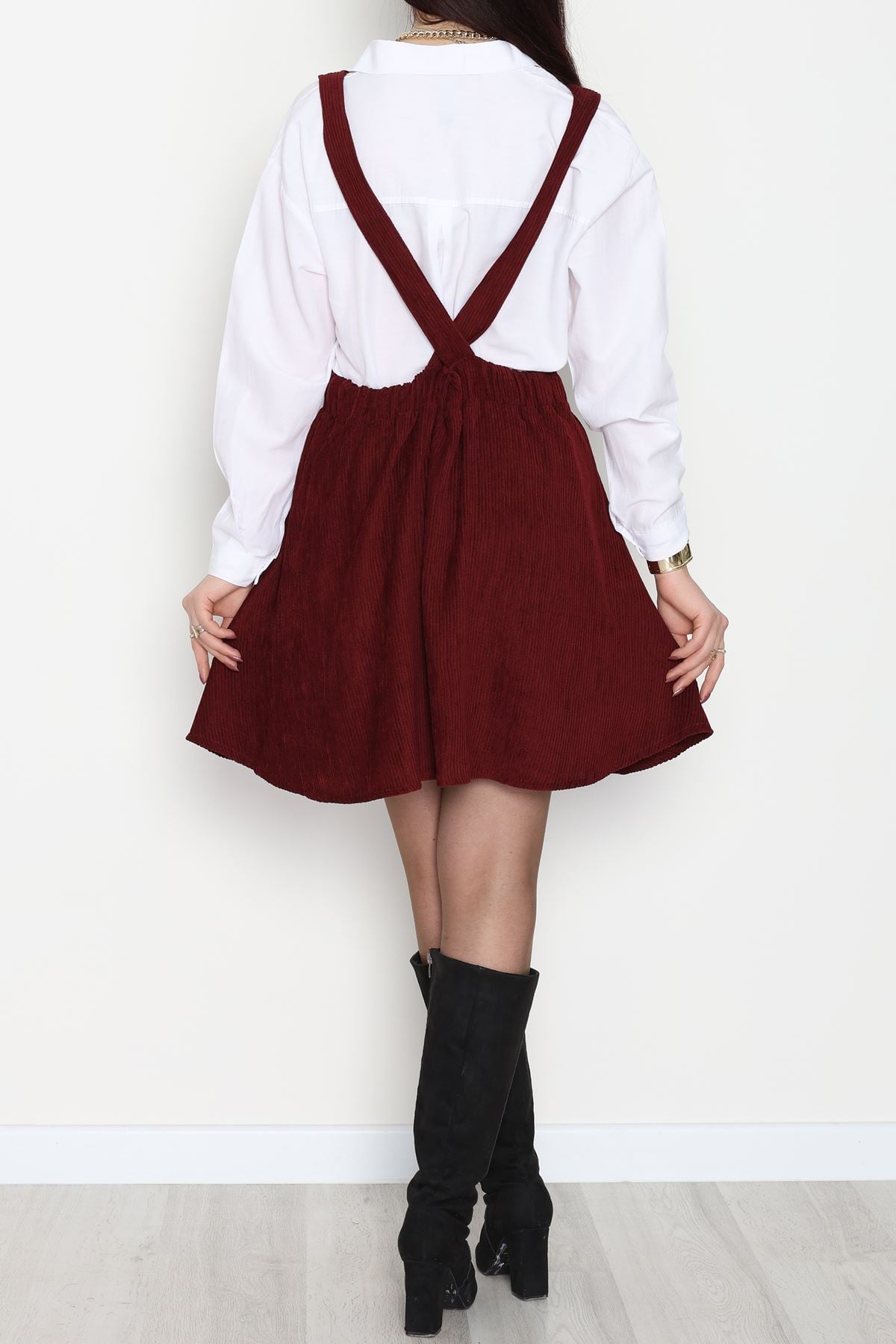 Askılı Sırttan Çapraz Detaylı Kiloş Kadife Elbise Bordo - 42681.1256.