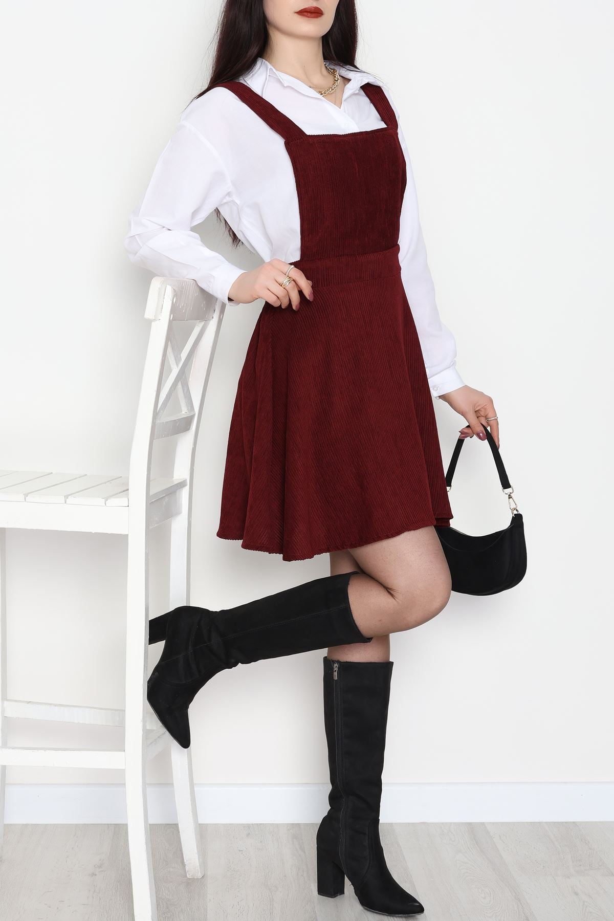 Askılı Sırttan Çapraz Detaylı Kiloş Kadife Elbise Bordo - 42681.1256.