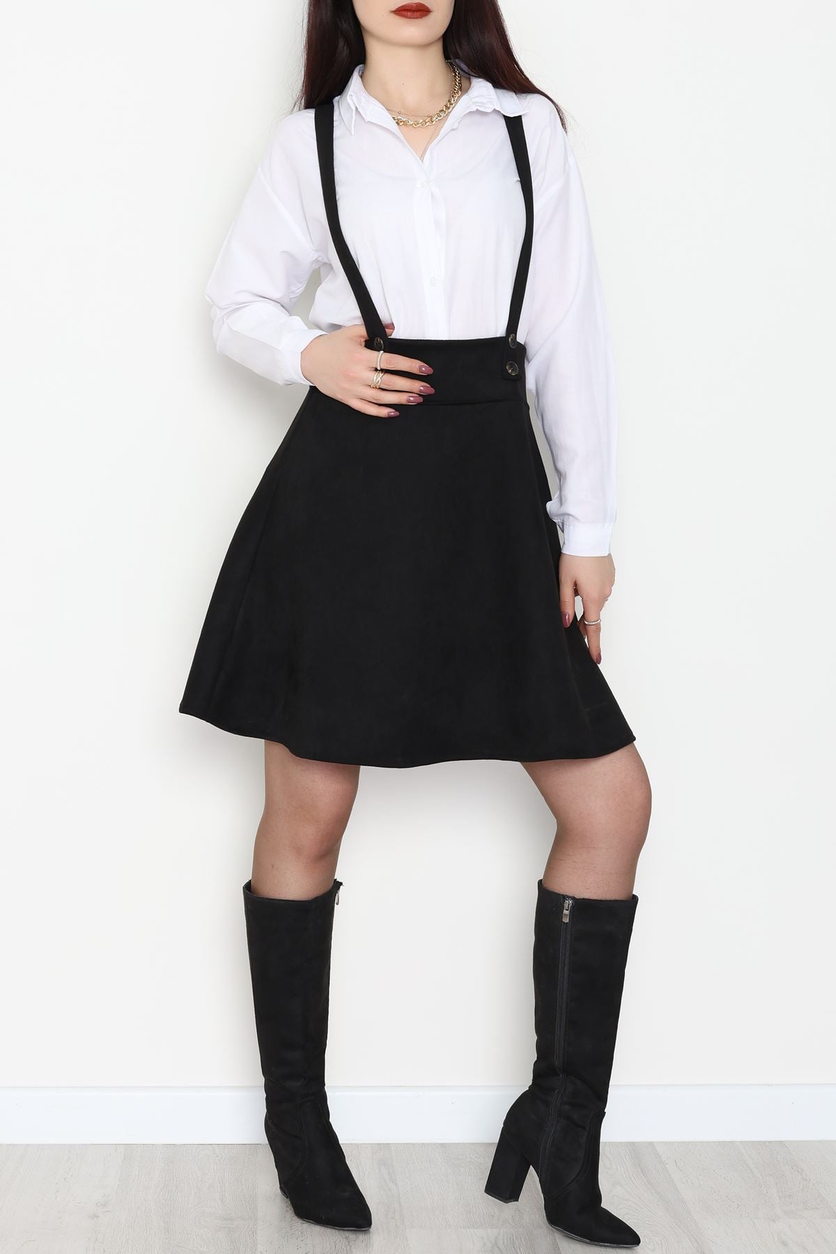 Askılı Düğmeli Süet Elbise Siyah - 42680.1256.