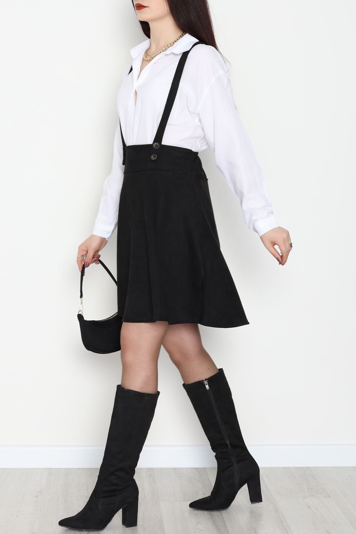 Askılı Düğmeli Süet Elbise Siyah - 42680.1256.