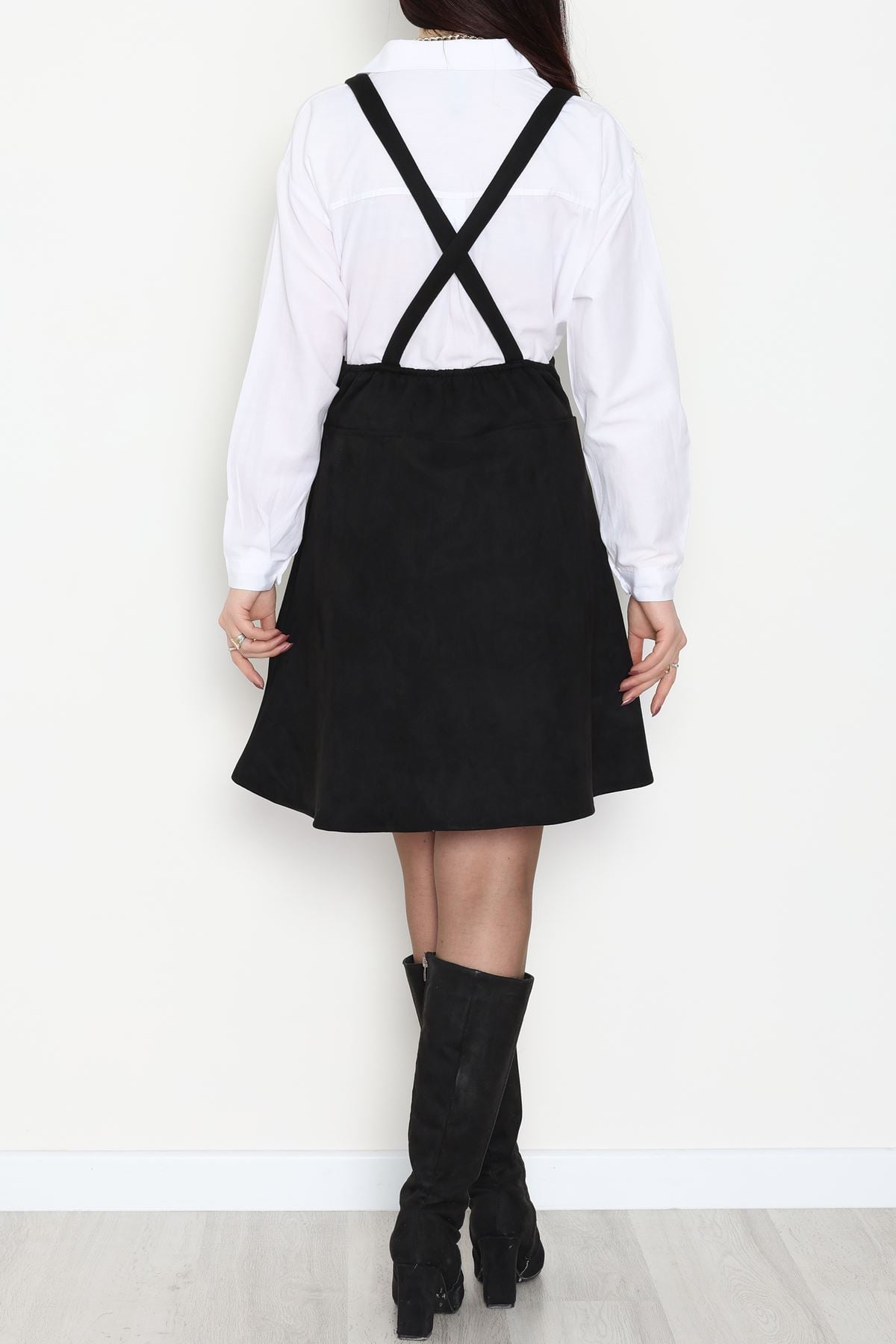 Askılı Düğmeli Süet Elbise Siyah - 42680.1256.