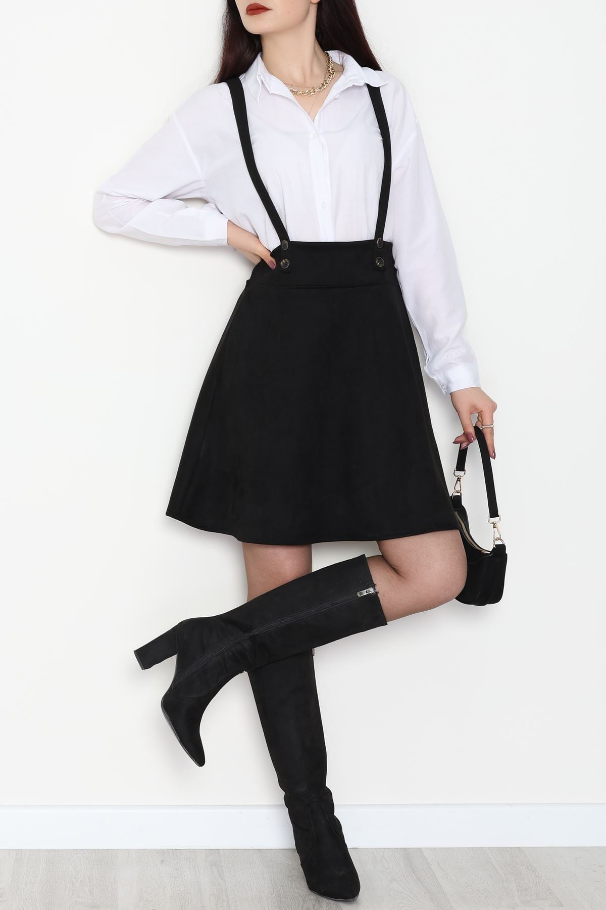 Askılı Düğmeli Süet Elbise Siyah - 42680.1256.