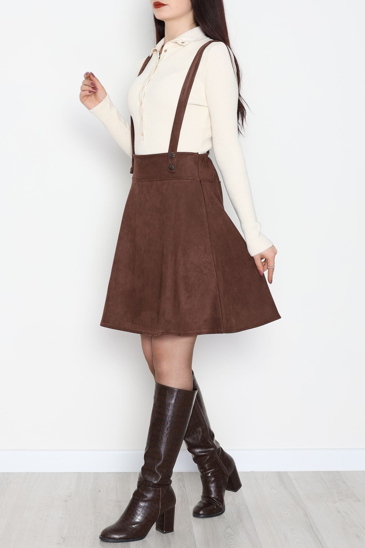 Askılı Düğmeli Süet Elbise Kahve - 42680.1256.