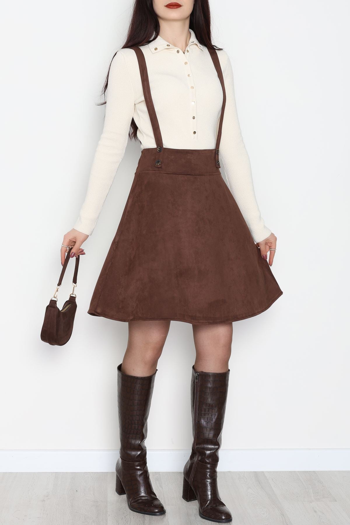 Askılı Düğmeli Süet Elbise Kahve - 42680.1256.