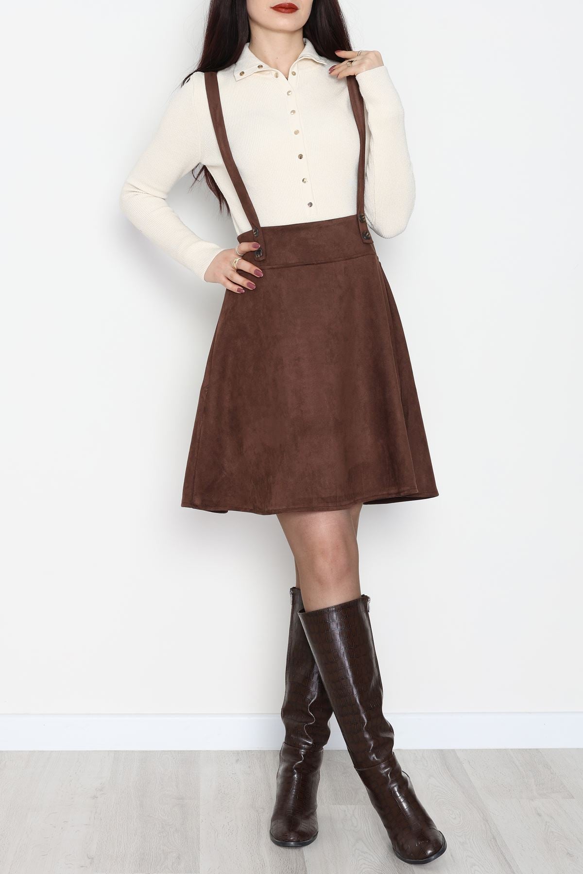 Askılı Düğmeli Süet Elbise Kahve - 42680.1256.