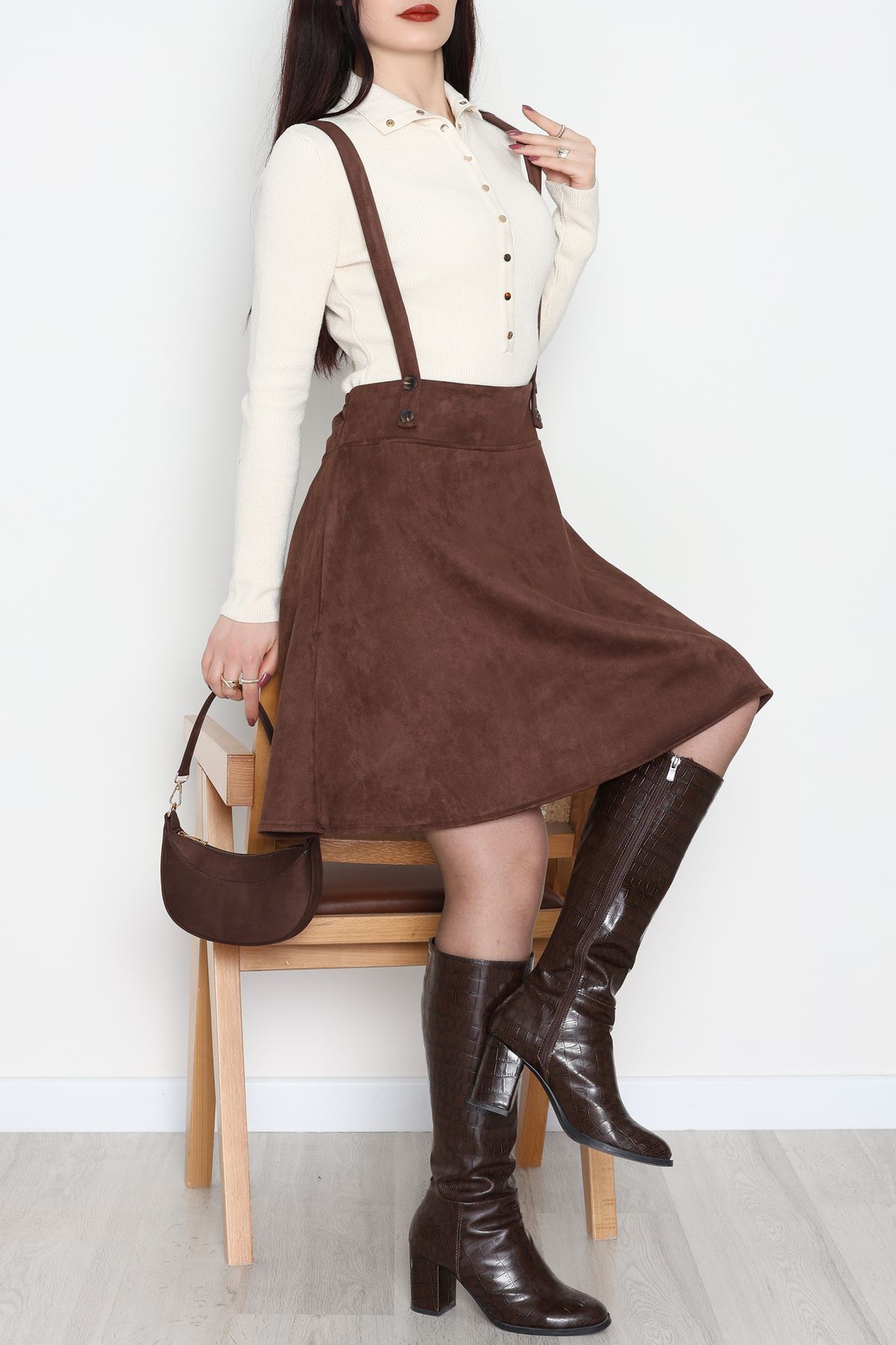 Askılı Düğmeli Süet Elbise Kahve - 42680.1256.