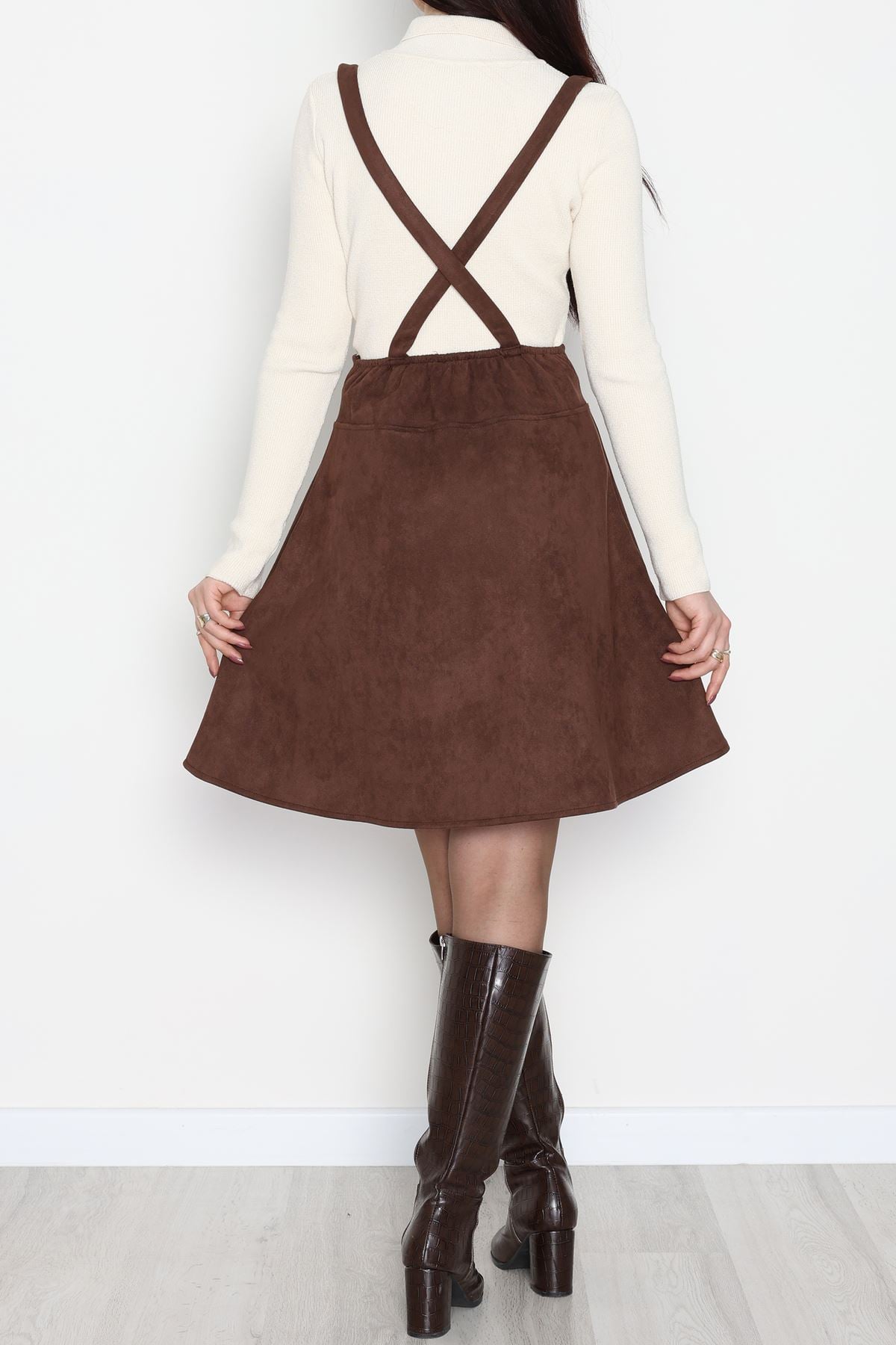 Askılı Düğmeli Süet Elbise Kahve - 42680.1256.