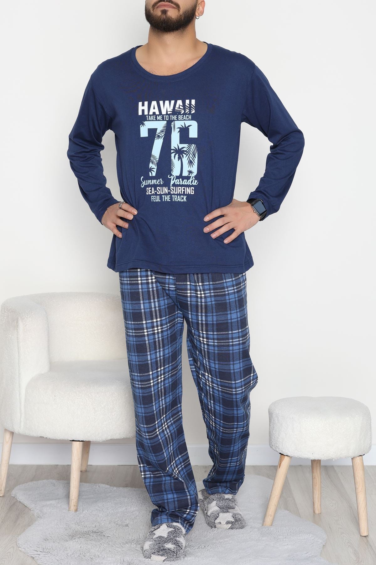 Baskılı Erkek Pijama Takımı Lacivert - 40293.1838.