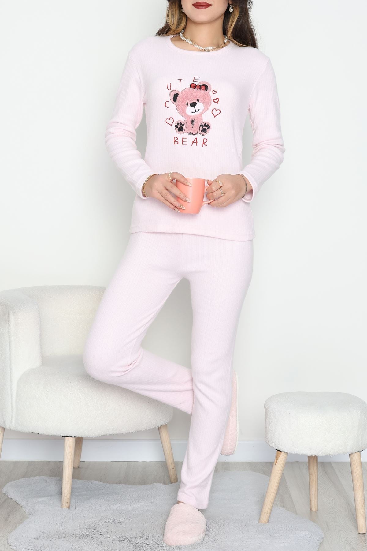 Nakışlı İnterlok Pijama Takımı Pembeayıcık - 800.1287.